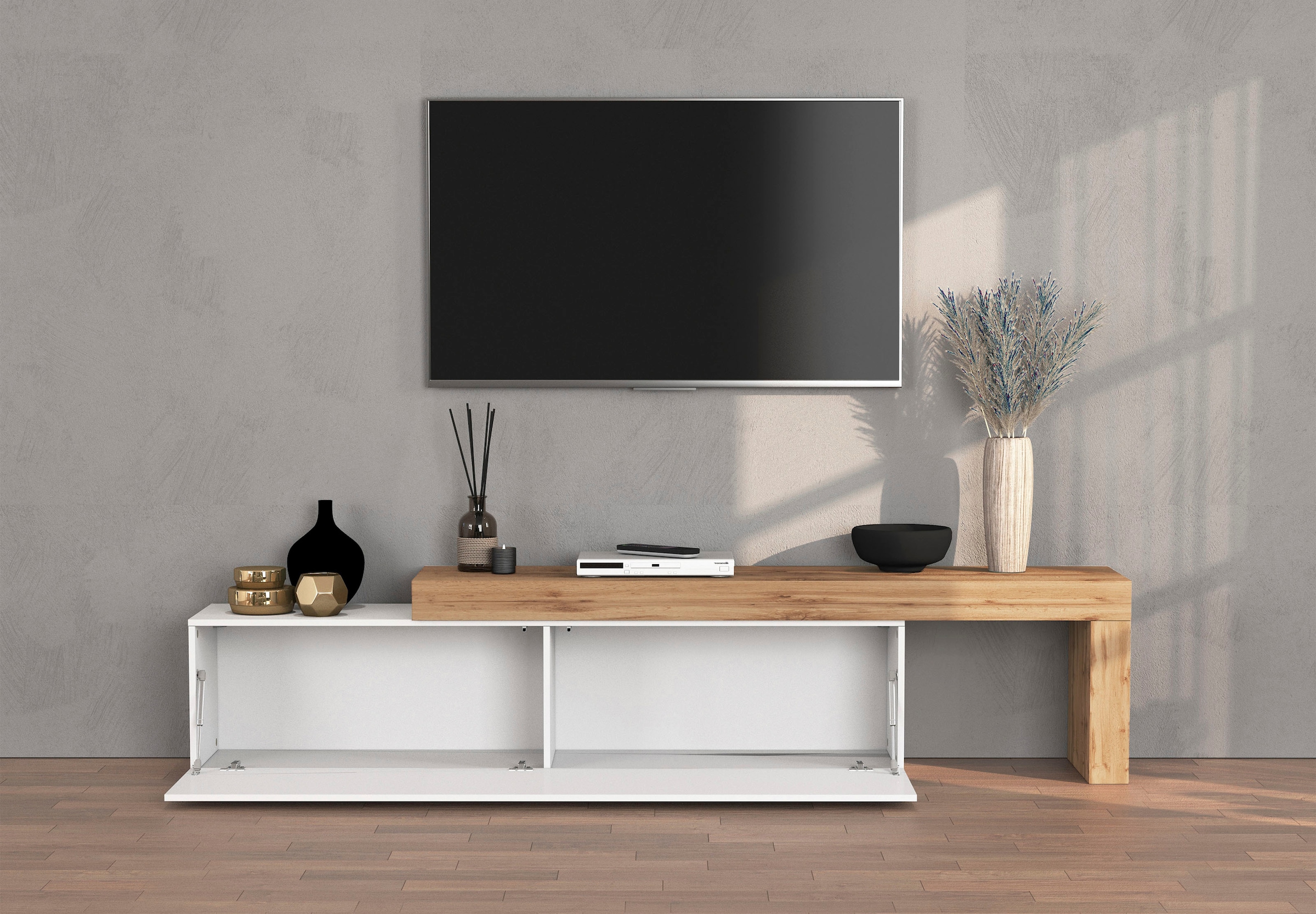 INOSIGN Lowboard »Chronos TV-Board, TV-Schrank« Breite verstellbar von 190 bis 350 cm, 1 Stk. tlg. Breite 270 cm TV-Board,Lowboard,1 Klappe und ein L-Förmiger Aufsatz
