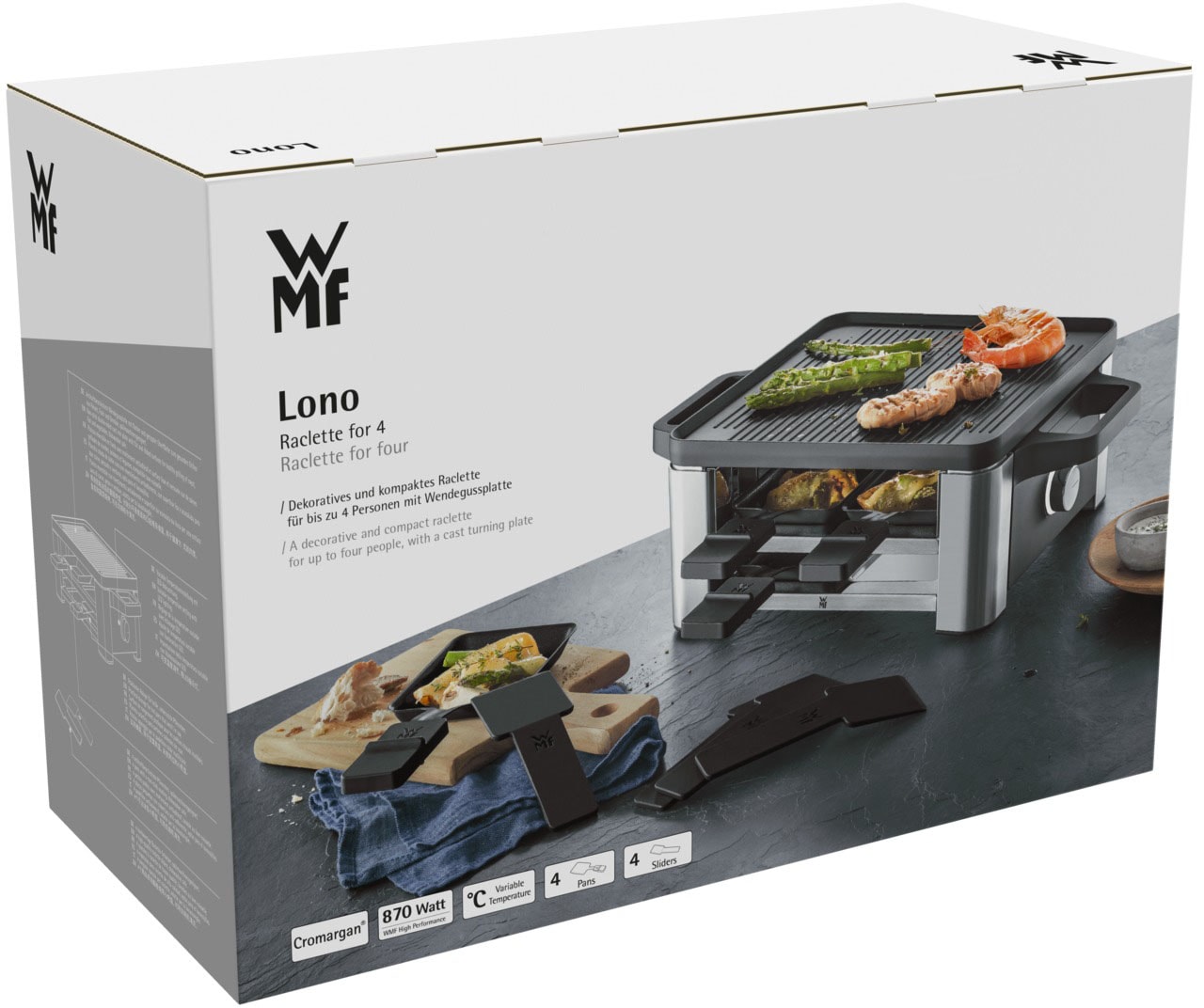 WMF Raclette »LONO« 4 Stk. Raclettepfännchen 870 W LED-Beleuchtung, Aufbewahrungsfach für unbenutzte Pfännchen