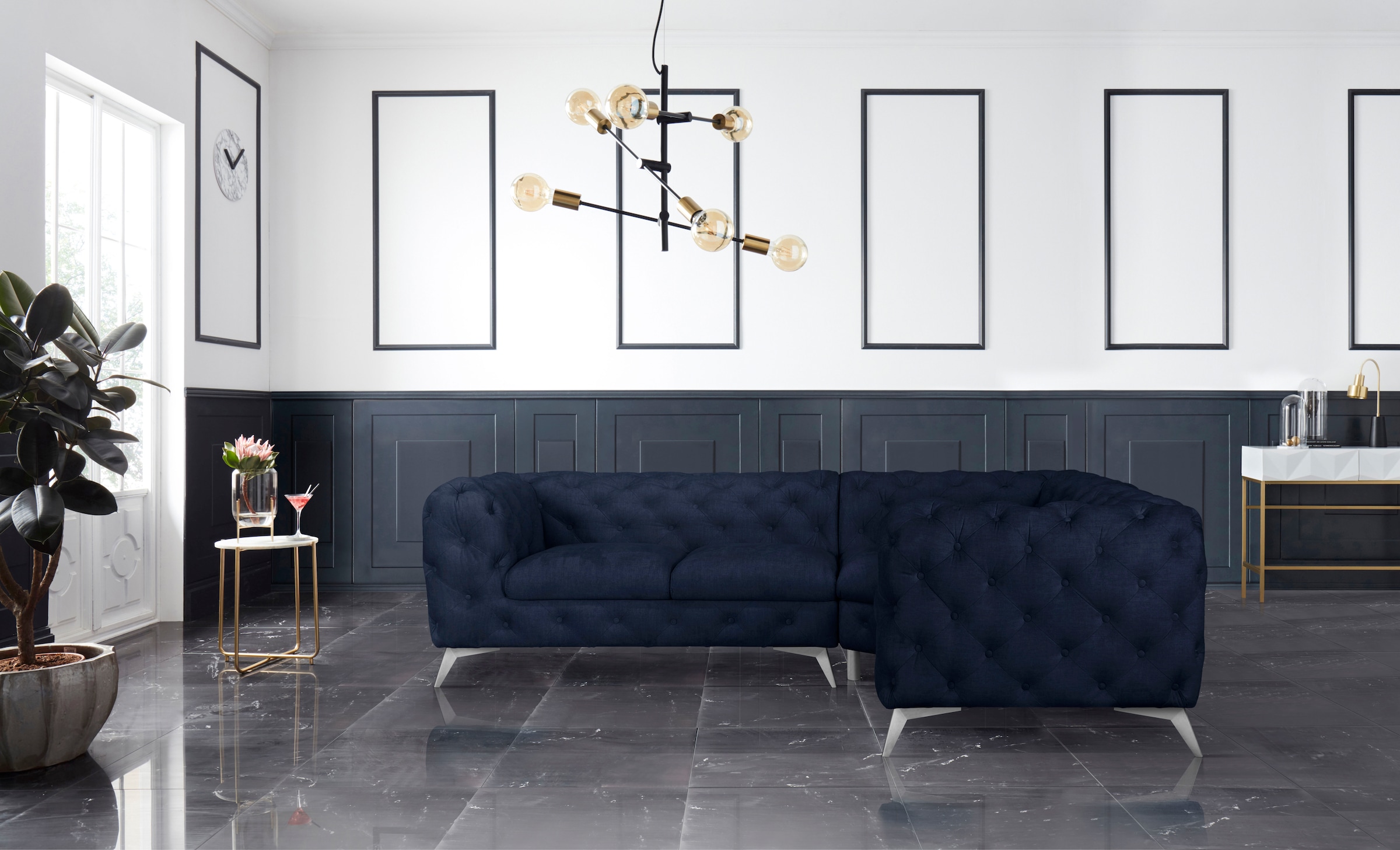 Leonique Chesterfield-Sofa »Ecksofa GLYNIS L-Form mit Wellenunterfederung, Maße B/T/H 264/204/75cm«, aufwändige Knopfheftung, moderne Chesterfield Optik, Fußfarbe wählbar