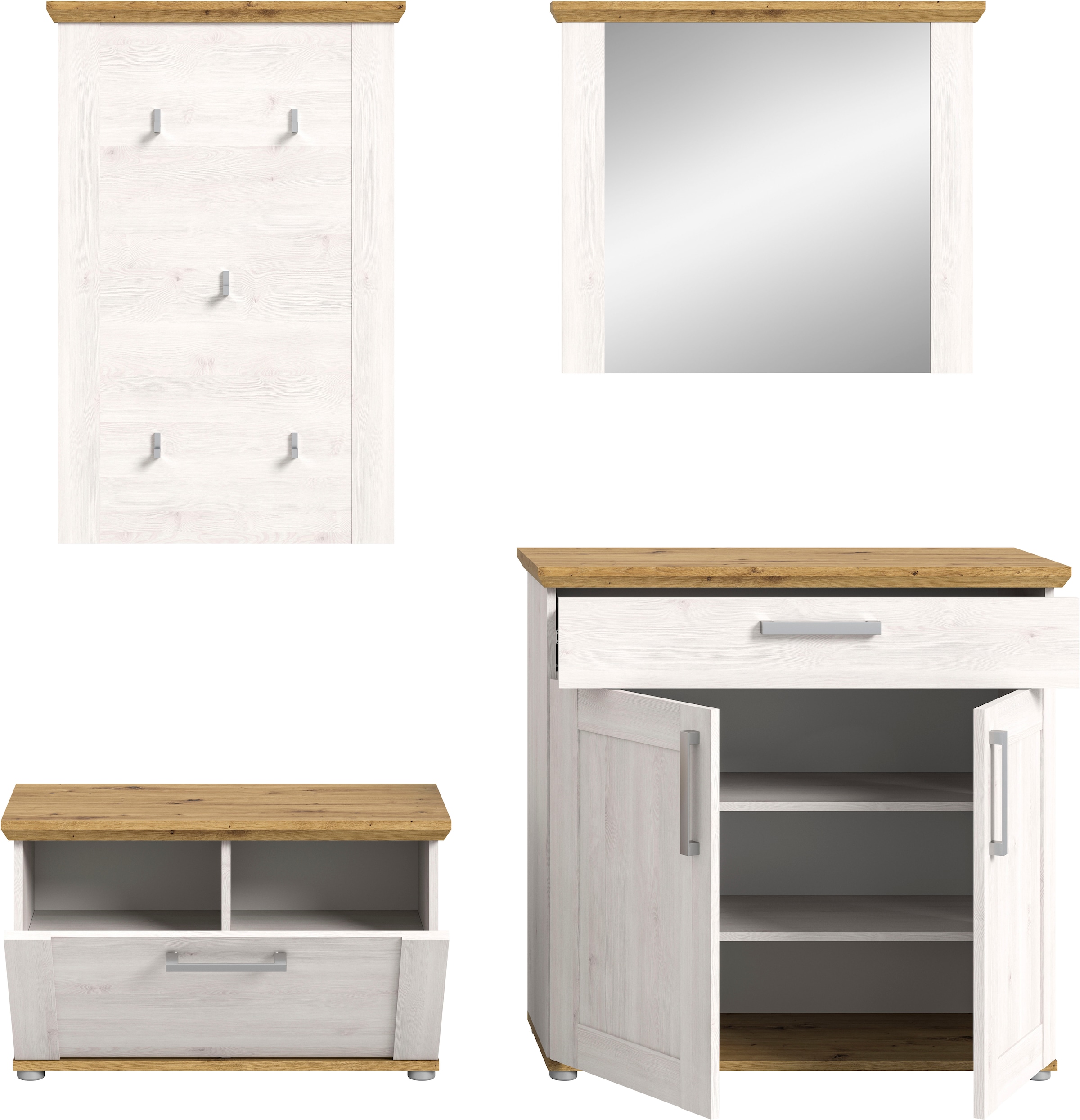 Home affaire Garderoben-Set »COSENZA, TOPSELLER!, Breite ca. 190 cm, 4-teilig, in Landhausoptik«, (4 St., bestehend aus: Sitzbank, Garderobenpaneel, Schuhschrank, Spiegel), Garderobenkombination, Kombination, Diele, Garderobe, Garderobenmöbel