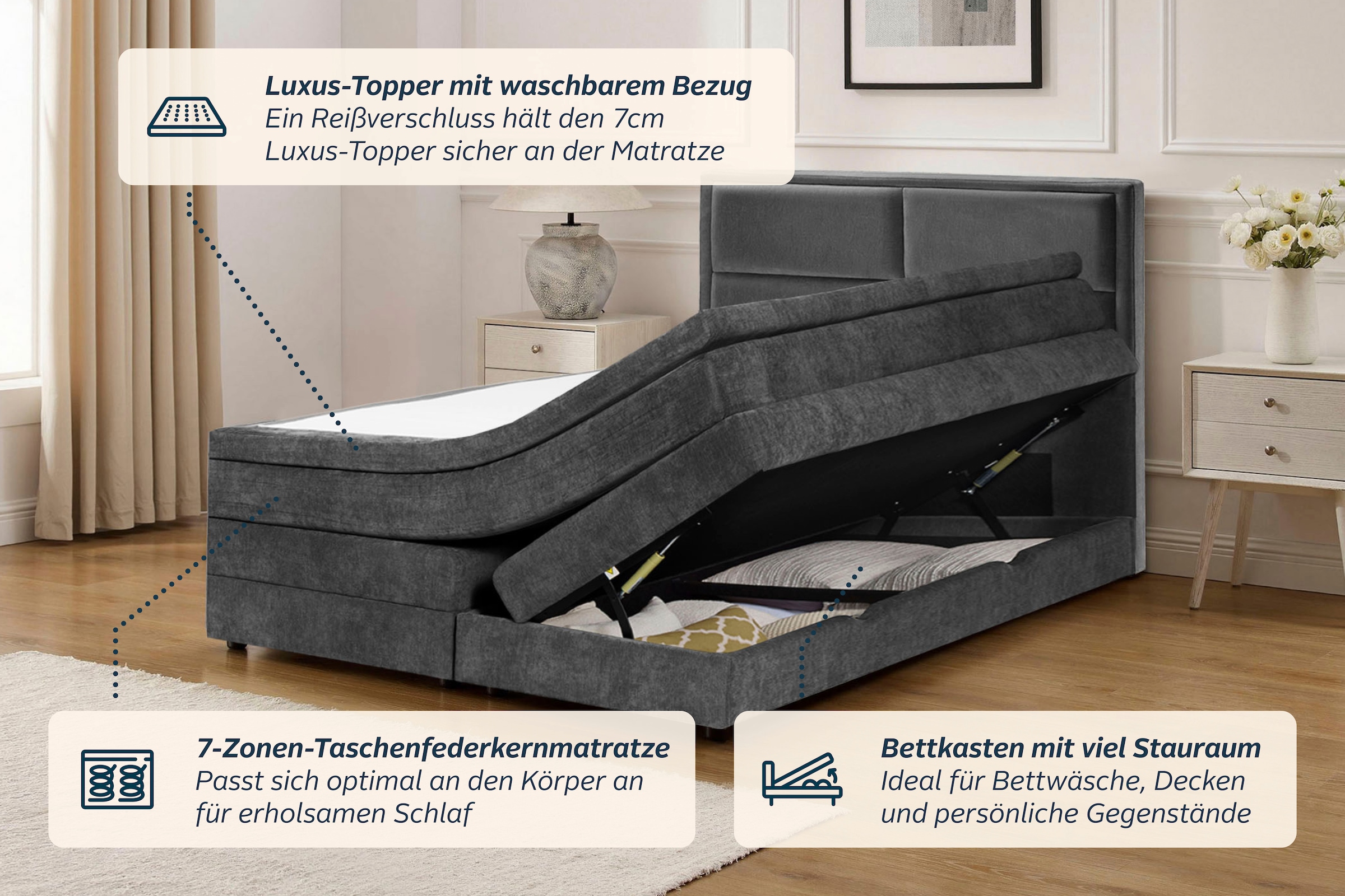 OTTO home Boxspringbett »FYNNA Polsterbett mit Bettkasten & 7-Zonen-Taschenfederkernmatratze H3« mit 7 cm Komfortschaum-Topper, Chenille-Bezug, Liegefläche 140x200 cm