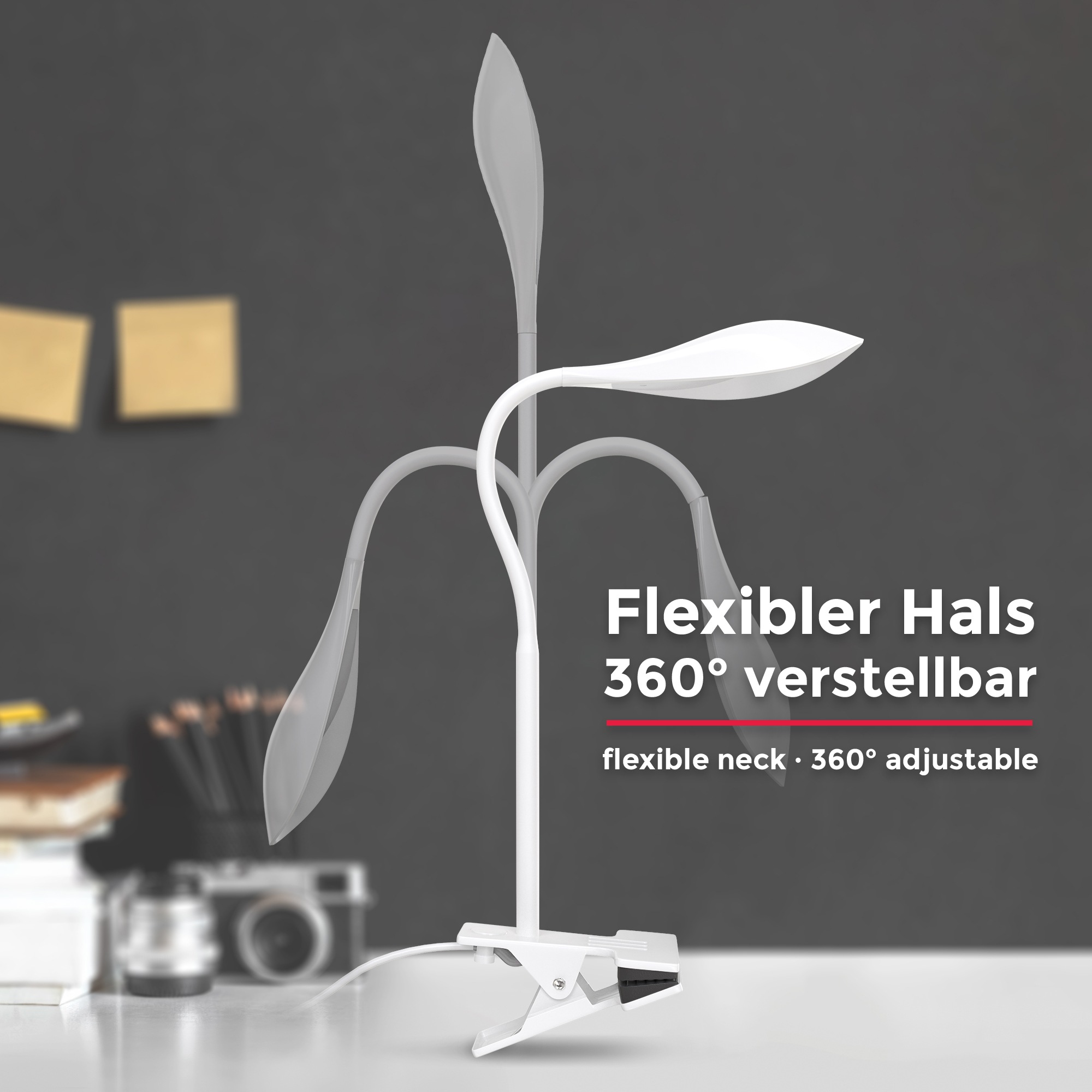 B.K.Licht Klemmleuchte, 1 flammig, Leuchtmittel LED-Modul | LED fest integriert, Schreibtischleuchte, flexibel, schwenkbar, warmweiß, Leselampe, weiß