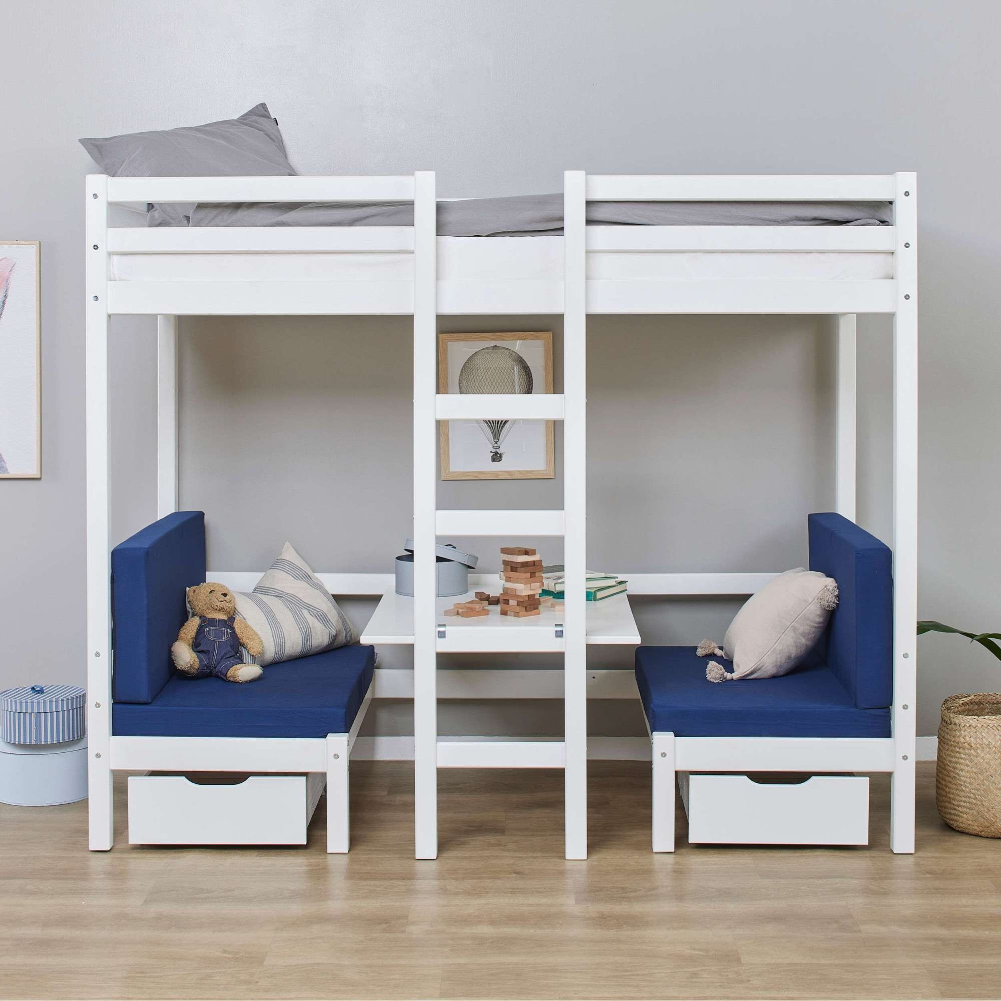 Hoppekids Etagenbett »ECO Dream JUMBO Hochbett B/T/H 101/208/170 cm, umbaubar zum Etagenbett« Kissen-Set in Pink, Blau oder Schwarz für Sitzgruppe inkl. Tisch