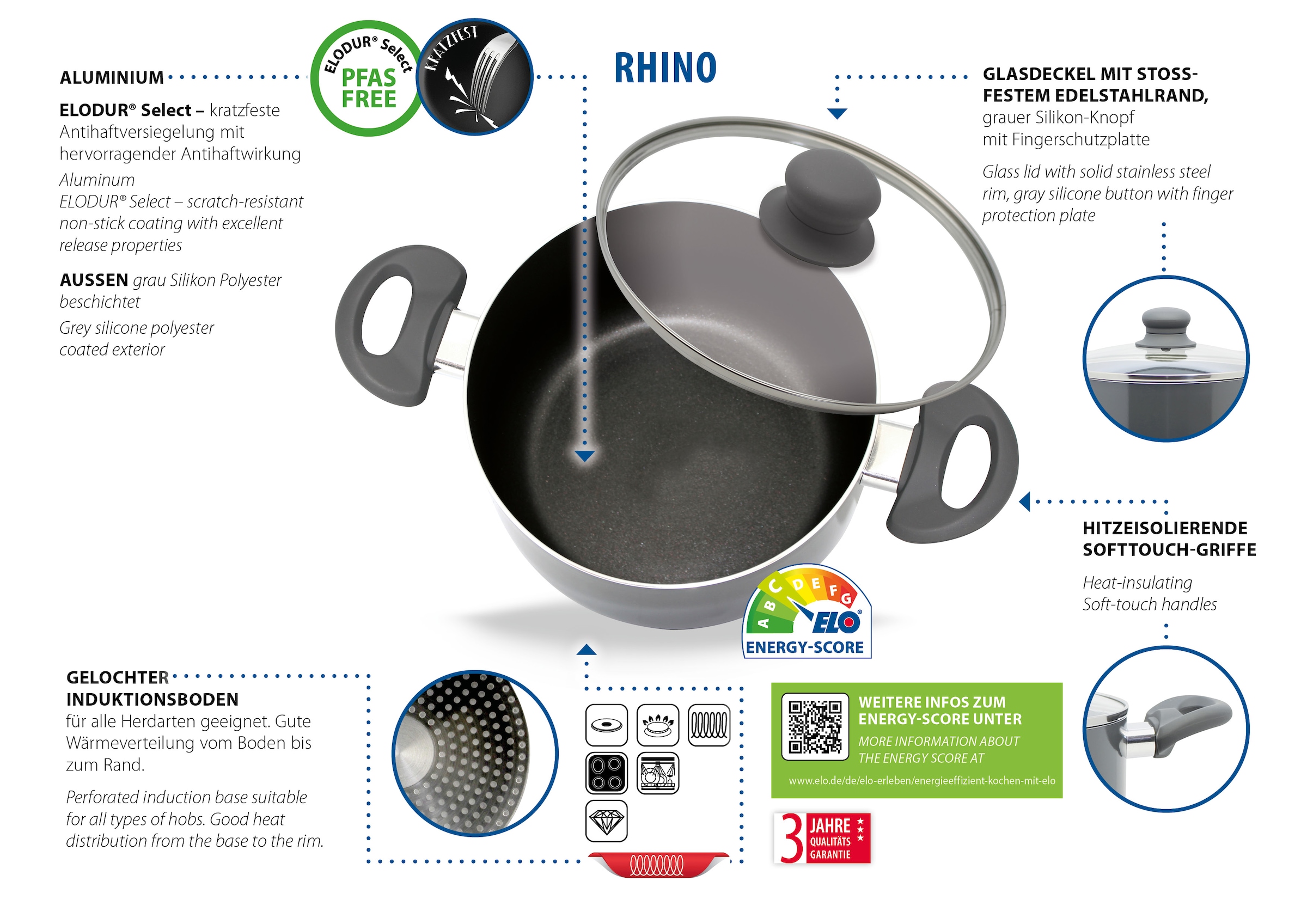 Elo Topf-Set »Rhino Topfset 4-teilig« Set, 7 Stk. tlg. Aluminium