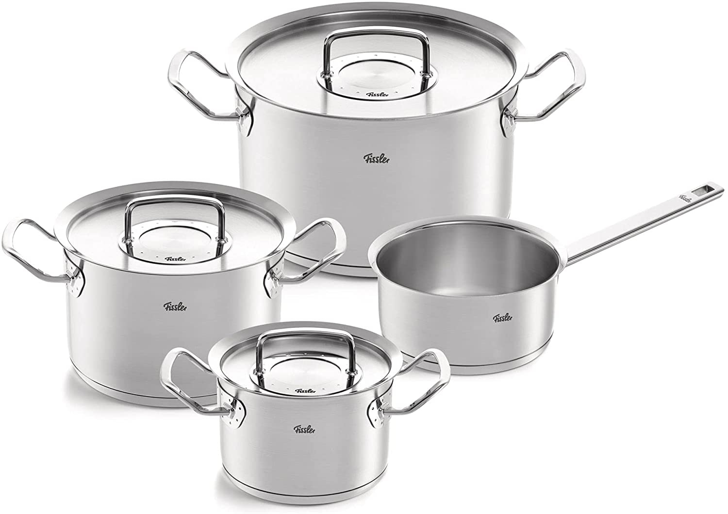 Fissler Topf-Set »ORIGINAL-PROFI COLLECTION® Edelstahl-Topfset« je 1 Kochtopf 16/20/24 cm, Stielkasserolle 16 cm, Pfanne 24 cm, 8 Stk. tlg. Edelstahl 18/10
