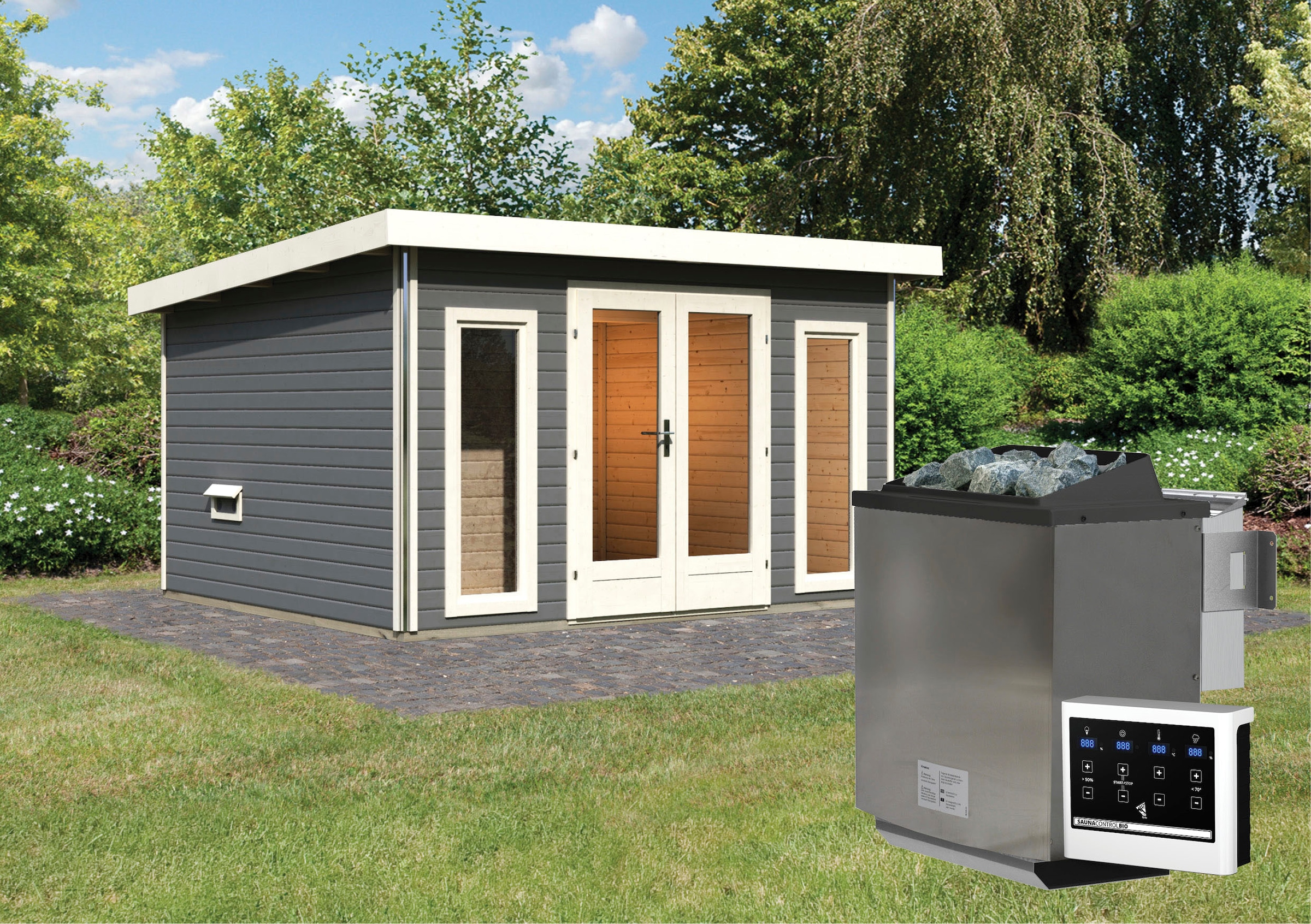 Karibu Saunahaus »Maiko 2A« Set,  Ofen 9 kW Bio externe Strg easy