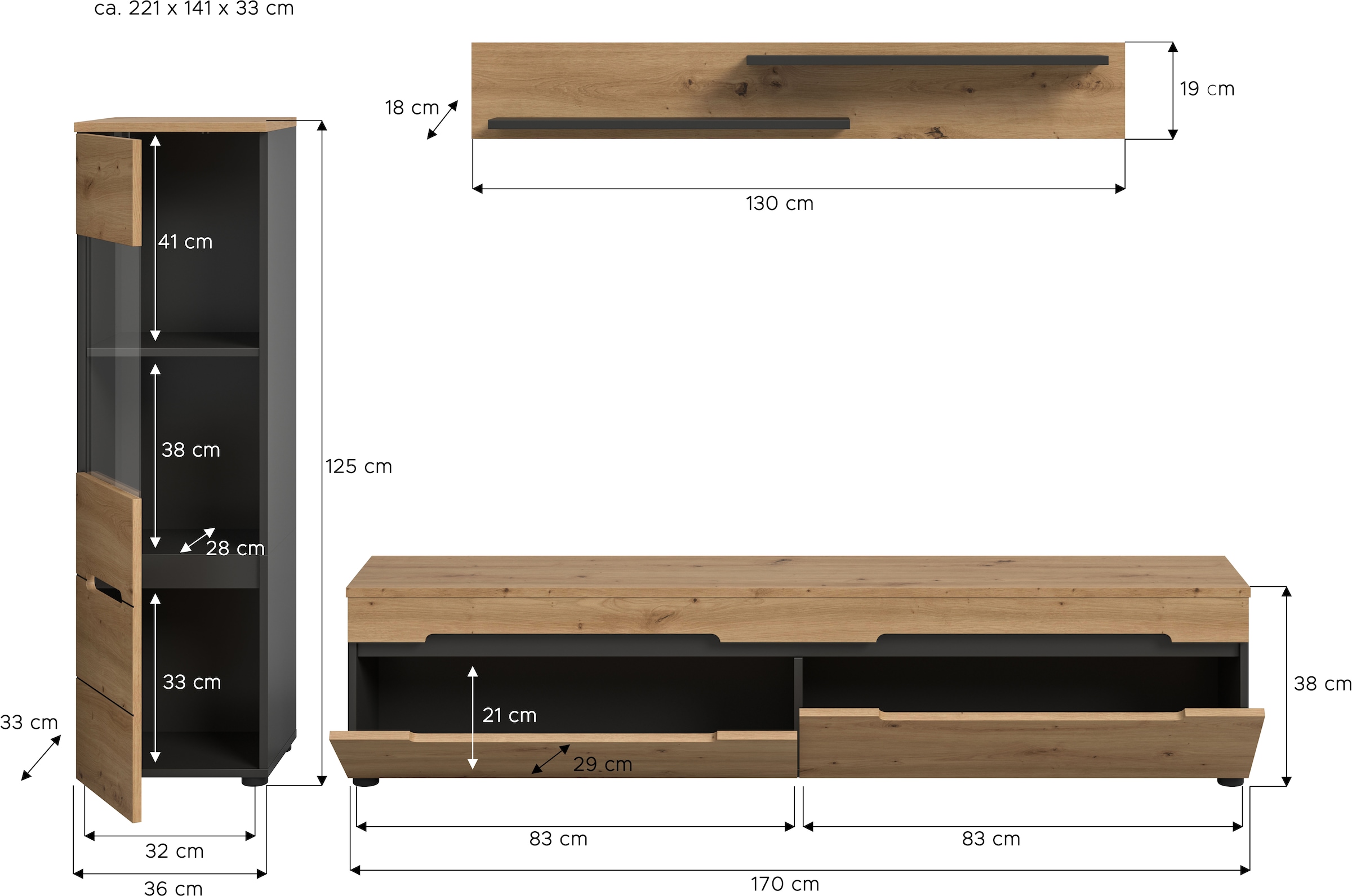 Home affaire Wohnwand »REHAT, TOPSELLER!, 3-teilig, wahlweise stehend und hängend montierbar« Set bestehend aus: Vitrine, Lowboard und Wandboard, 2 Stk. tlg.