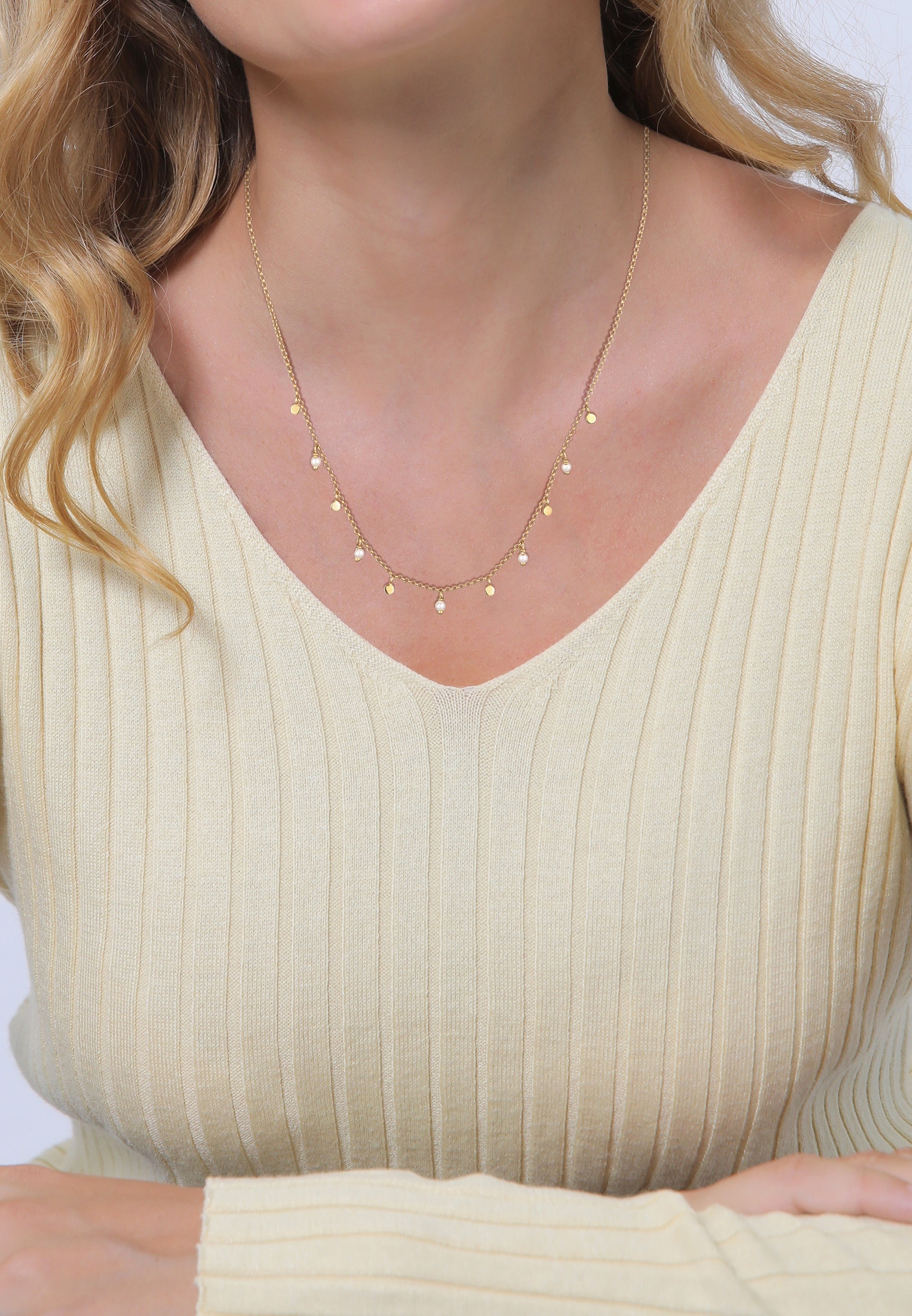Elli Silberkette »Halskette Plättchen Perlen Modisch Elegant 925 Silber vergoldet«