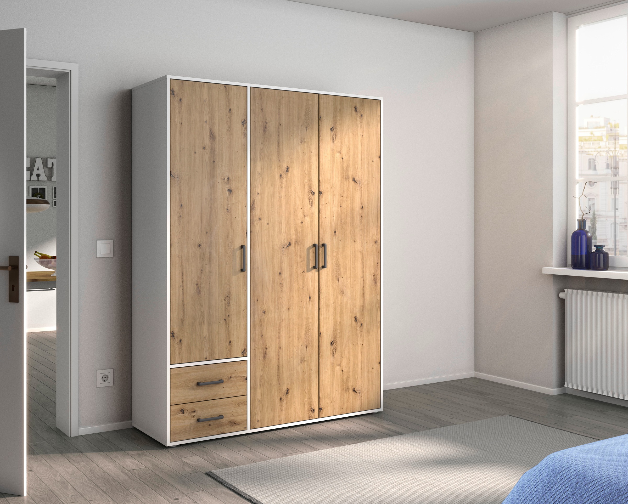 rauch Drehtürenschrank »Kleiderschrank Schrank Garderobe Wäscheschrank VOYAGER«, (in 3 verschiedenen Ausstattungen BASIC/CLASSIC/PREMIUM), moderne Griffe in Graumetallic mit Außenschubkästen MADE IN GERMANY