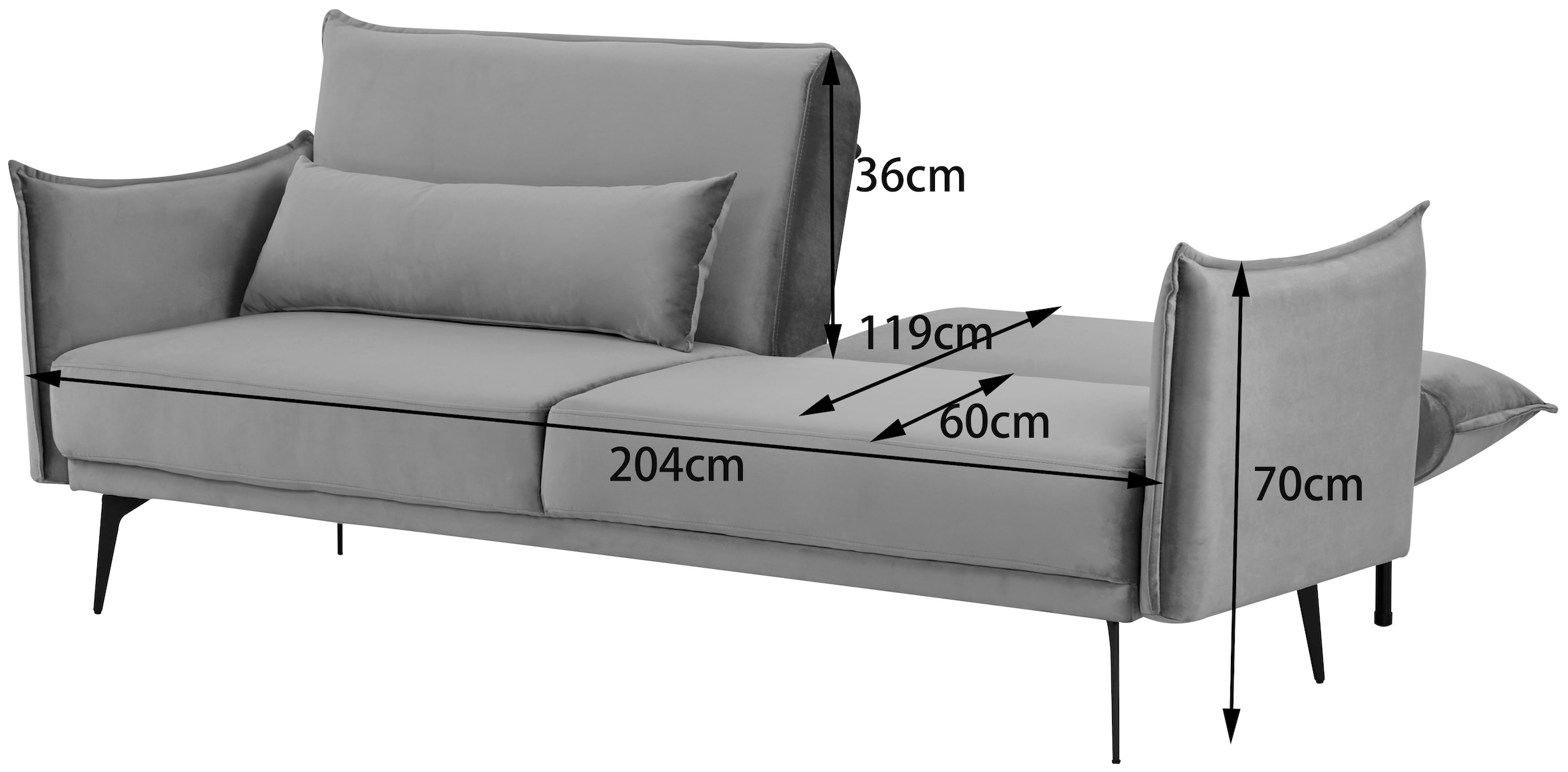 INOSIGN Schlafsofa »TULARE, 204 cm, klappbarer 3-Sitzer mit verstellbarer Rückenlehne,«, Schlaffunktion, Velvet-Samtvelours u. Webstoff