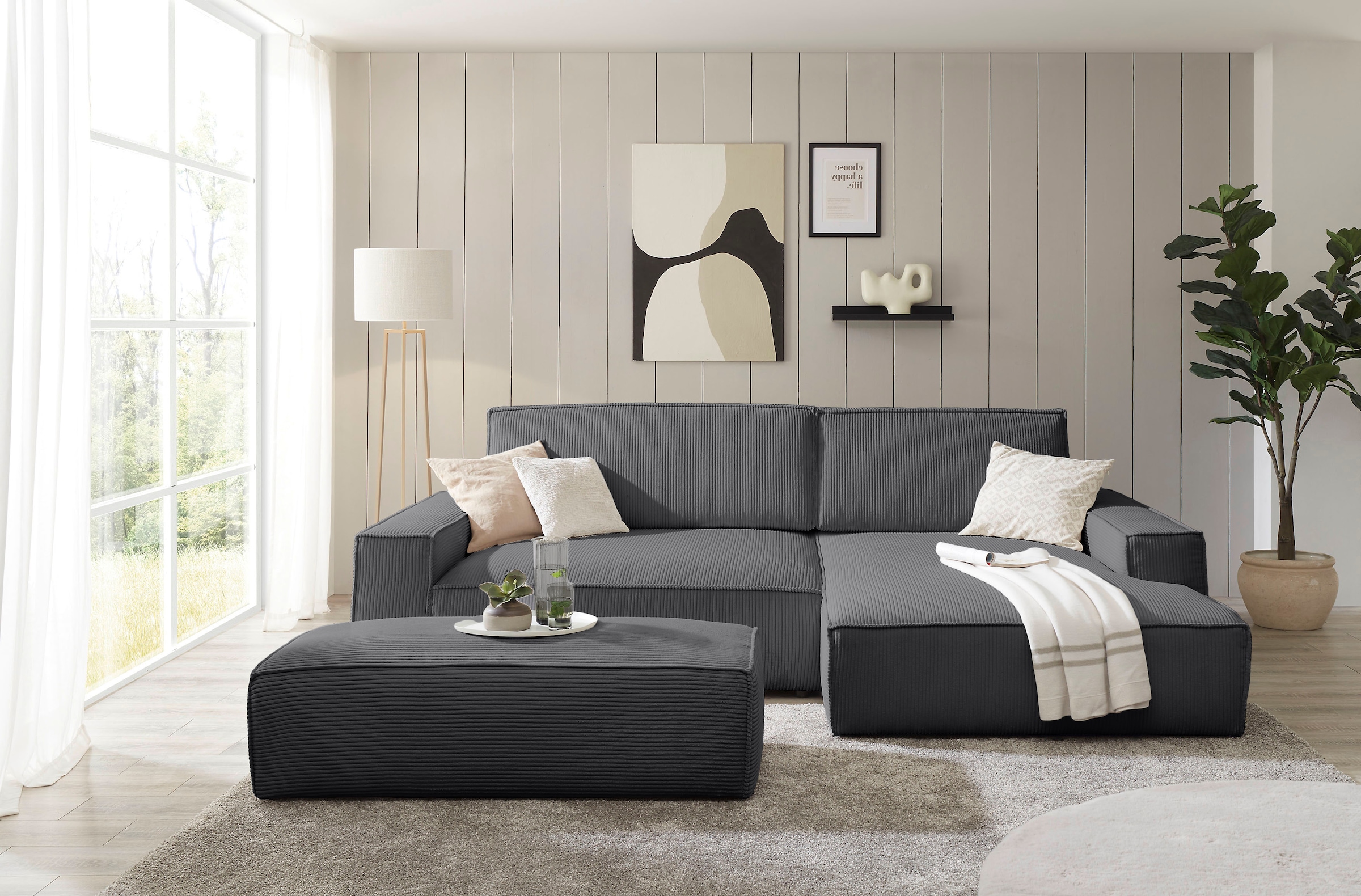Home affaire Polsterecke »NEU: SHERWOOD XXL tief, L-Form mit Schlaffunktion, Big-Sofa mit Hocker« stellbar zum Schlafsofa (Krokodilverbinder), Cord, Leinenoptik,