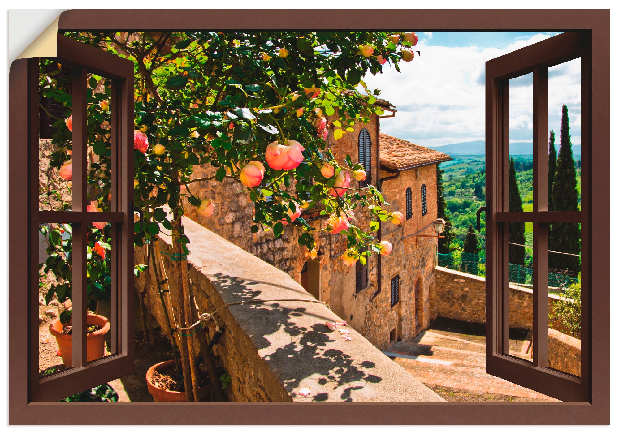 Artland Wandbild »Fensterblick Rosen auf Balkon Toskana«, Garten, (1 St.), als Alubild, Outdoorbild, Leinwandbild, Poster, Wandaufkleber