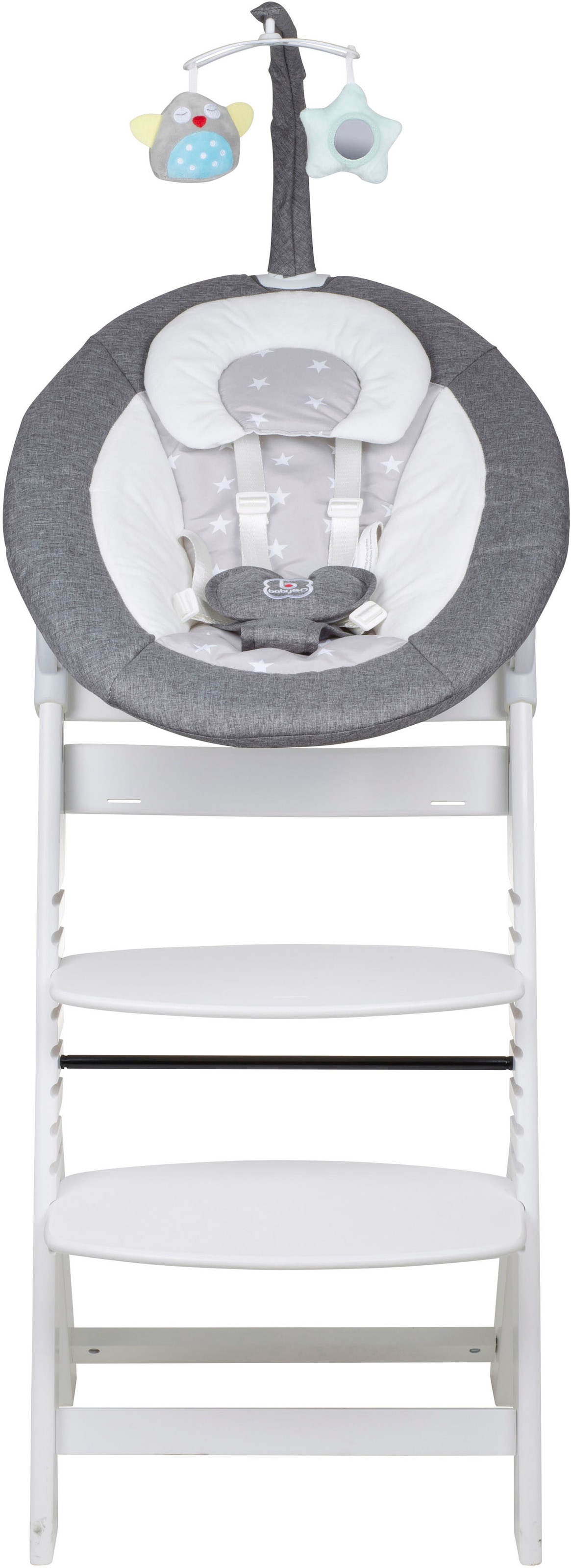 BabyGo Hochstuhl »Family Homey Set, weiß/hellgrau« () mit elektrischer Babywippe inkl. Spielbogen