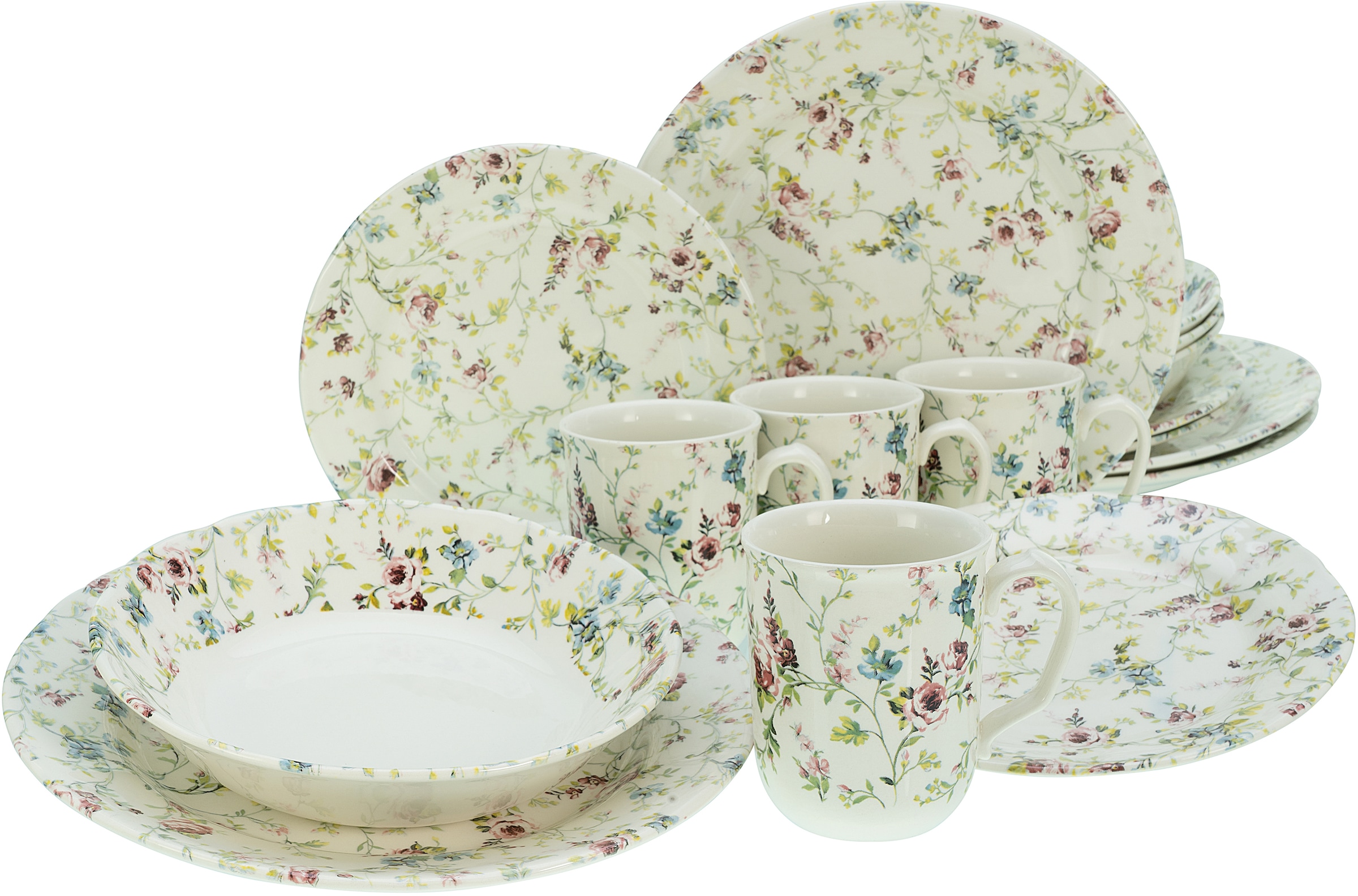 CreaTable Kombiservice »Geschirr-Set Rose Garden«, (Set, 16 tlg.,  Kaffeeservice und Tafelservice im Set, für 4 Personen), Service,  Rosenmotiv, Vintage-Stil, 16 Teile, für 4 Personen mit 3 Jahren XXL  Garantie