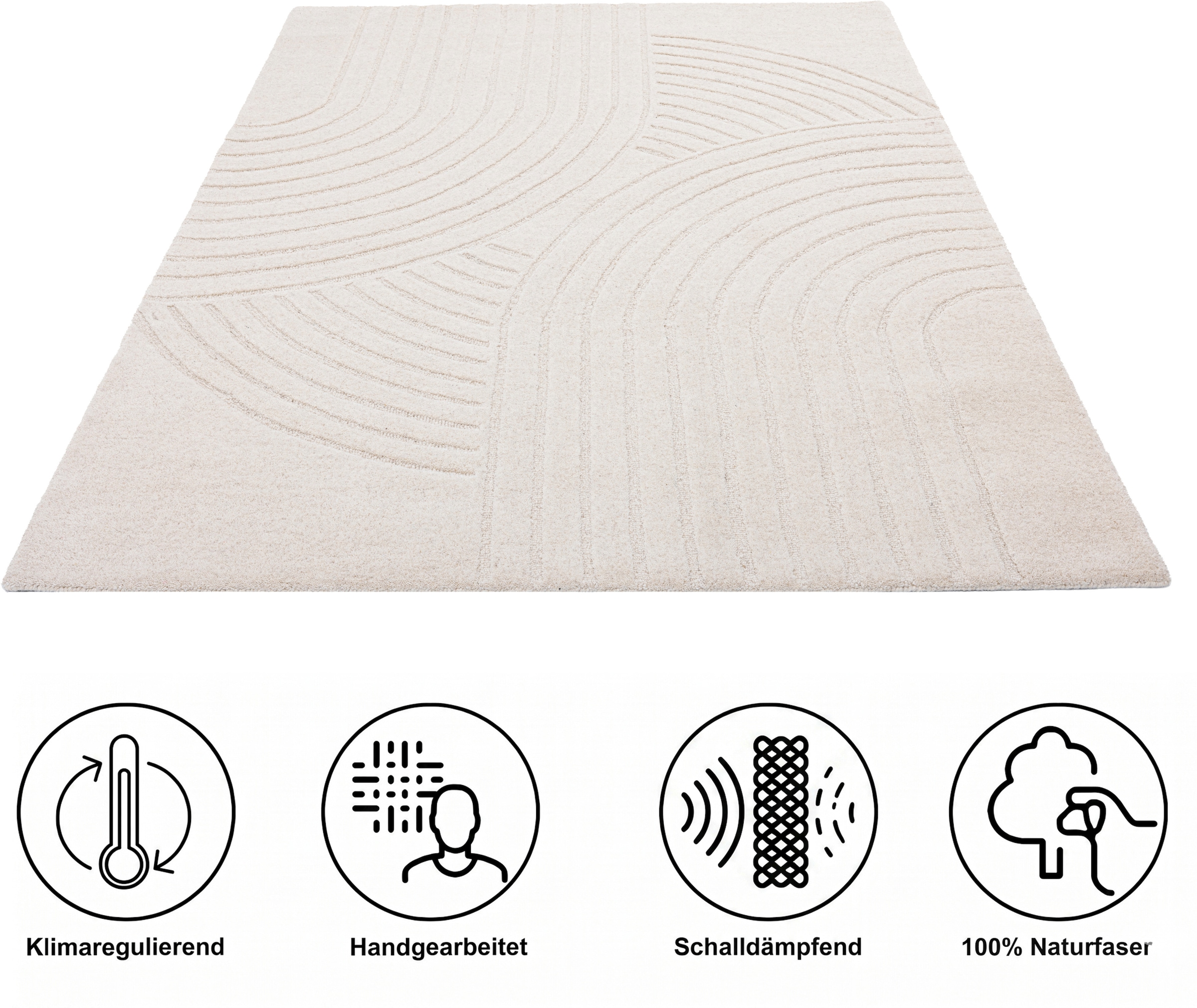 OTTO home Wollteppich »Gabbo Design, Handgefertigt, Teppich,  reine Wolle,« rechteckig 14 mm Höhe Hoch-Tief-Effekt, reine Wolle, Scandi-Look, Naturfaser