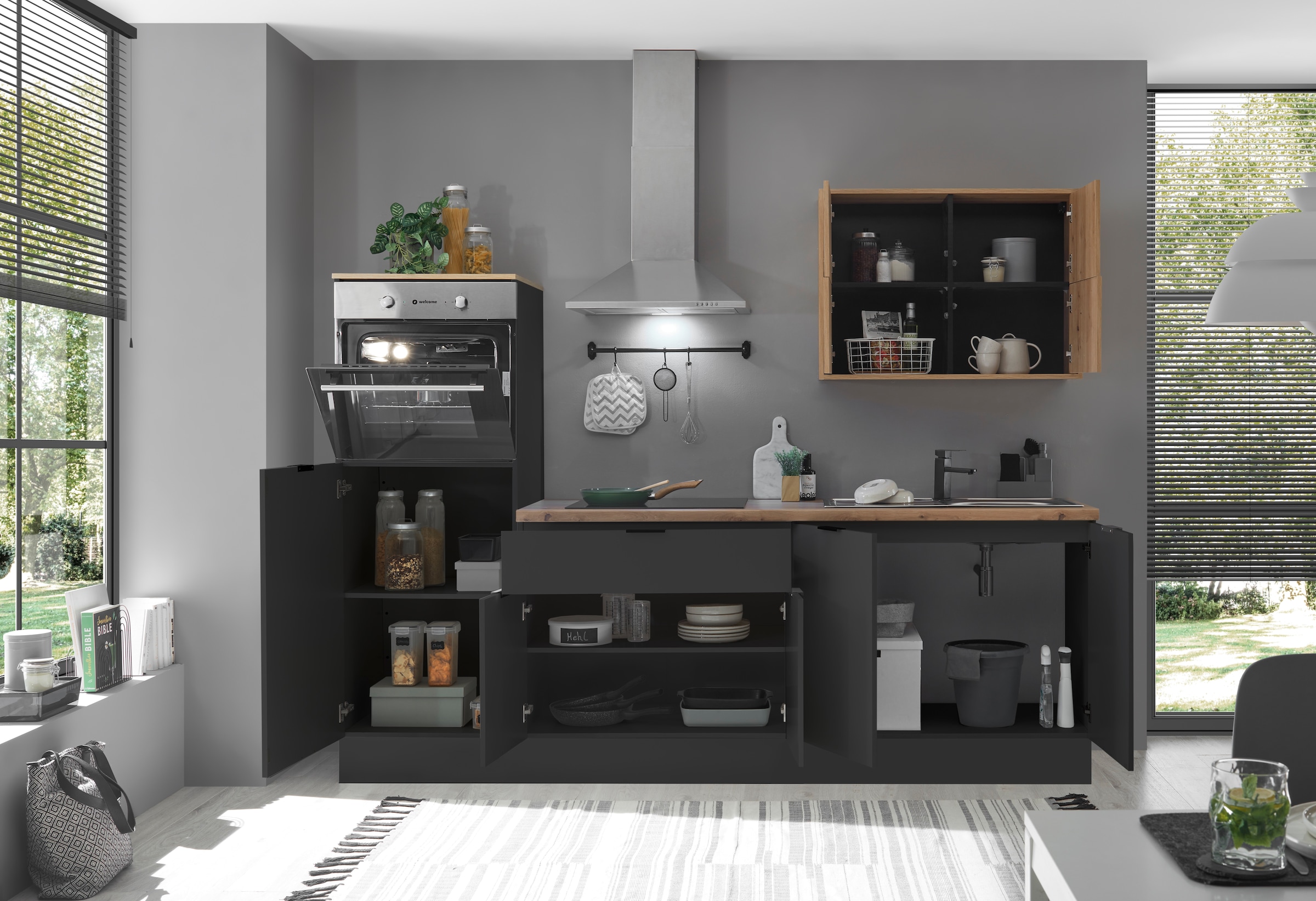 KOCHSTATION Küchenzeile »KS-Georgia, mit 38mm starker Arbeitsplatte« Breite 250 cm, wahlweise mit E-Geräten und Kühlschrank