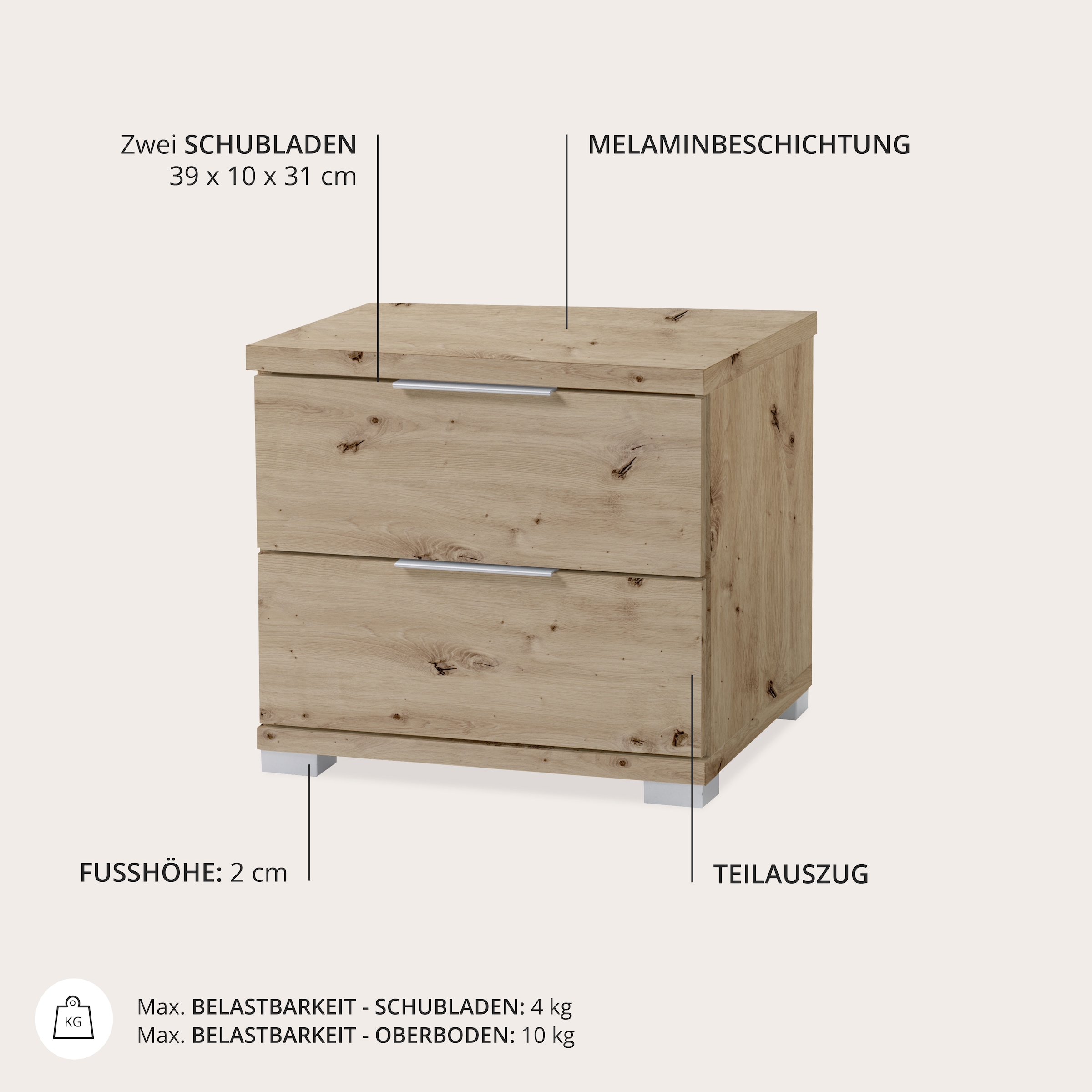 Schlafkontor Nachtkommode »Smilla Nachttisch, Nachtkonsole mit Schubkästen« Korpus melaminbeschichtet, silberfarbige oder schwarze Griffe