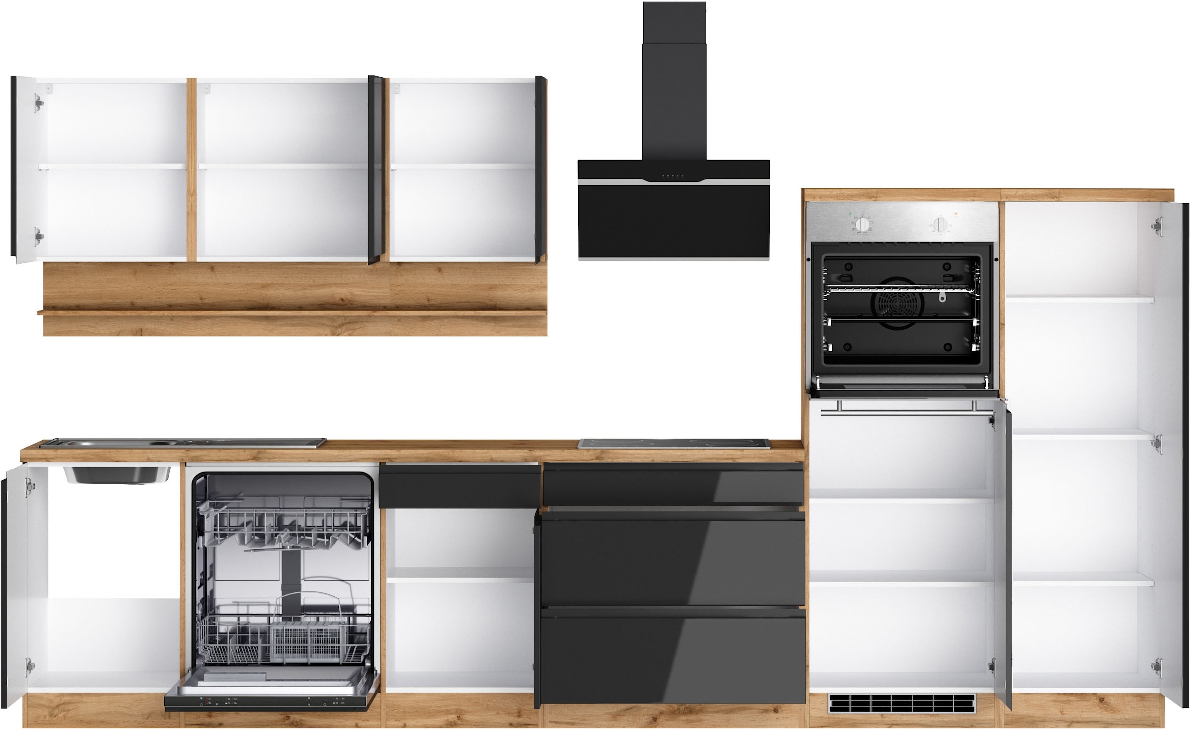 KOCHSTATION Küchenzeile »KS-Virginia,neu in verbesserter Ausführung« Arbeitsplatte 38 mm stark, Stauraum, Softclose,  Breite 350 cm, Soft-Close, ohne E-Geräte