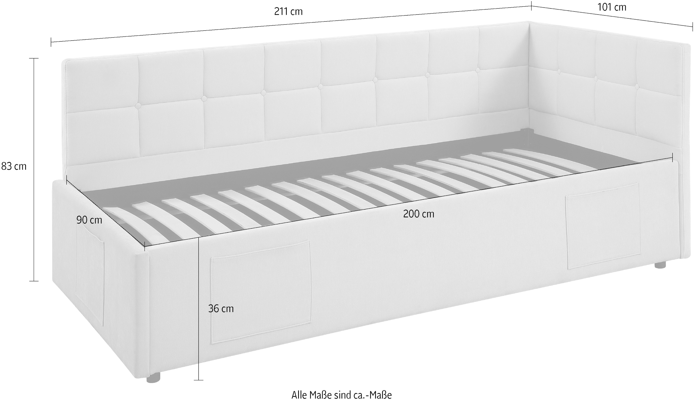 OTTO home Daybett »MALIKA, Schlafsofa mit Stauraum und Lattenrost« Kopfteil links/rechts montierbar, mit 3 Fächern