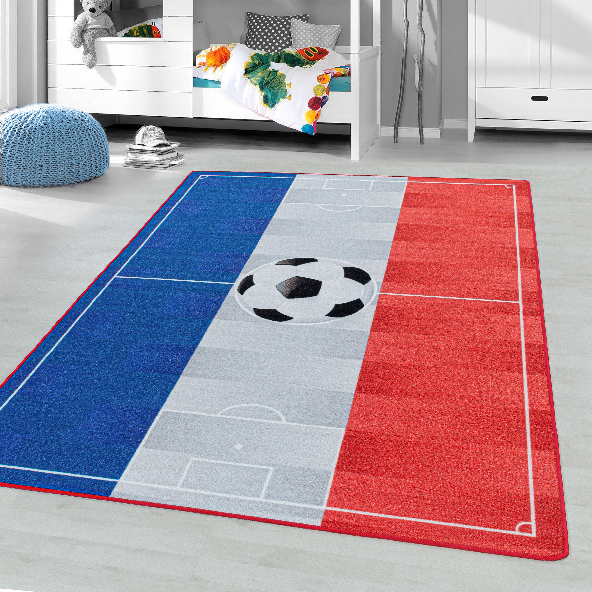 Ayyildiz Teppiche Kinderteppich »PLAY 2913«, rechteckig, 6 mm Höhe, robuster Kurzflor, Fußball, blau weiss rot,Frankreich, Kinderzimmer