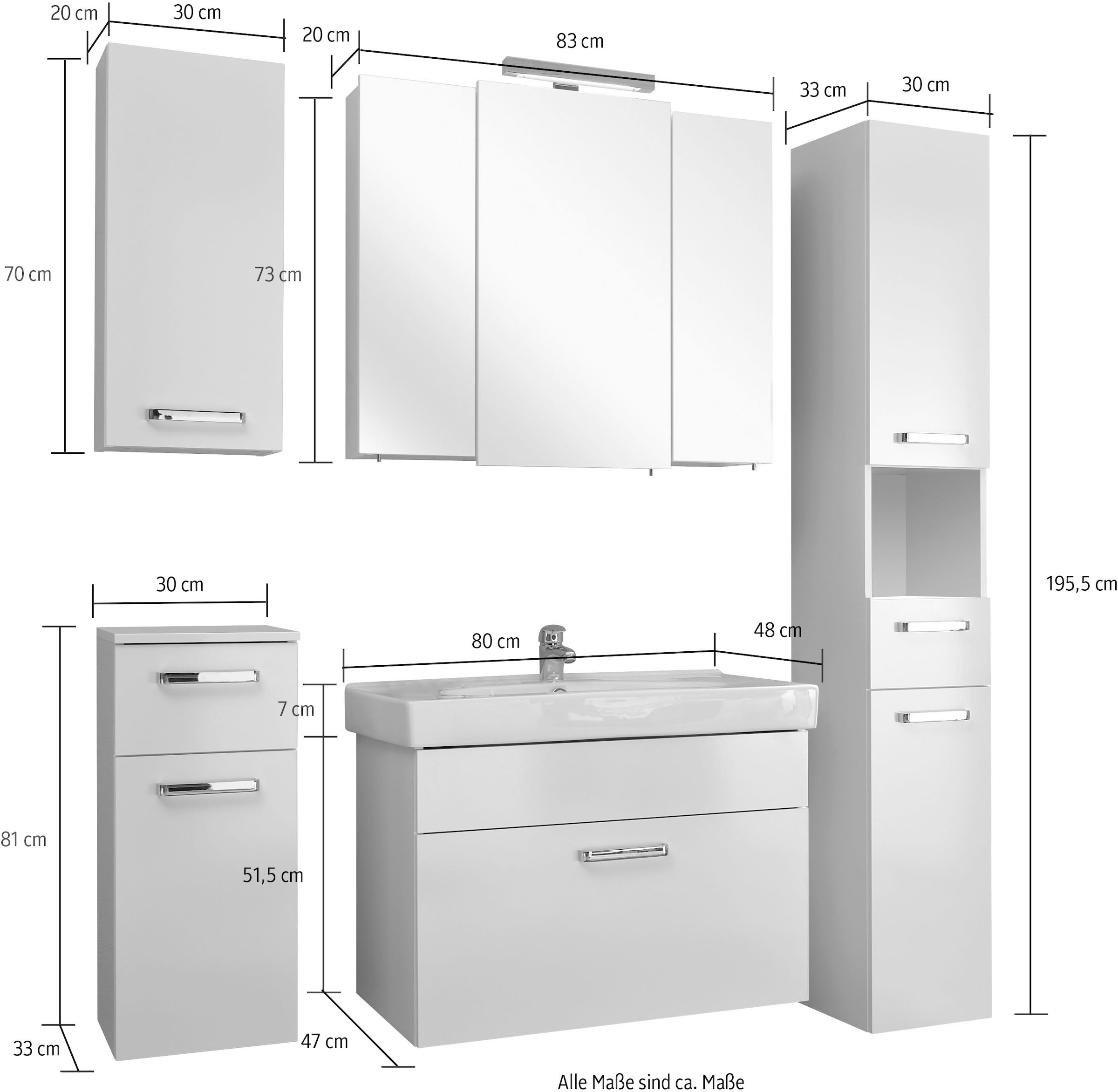 Saphir Badmöbel-Set »Quickset 5-teilig, Keramik-Waschtisch mit LED-Spiegelschrank«, (6 St.), mit Hochschrank, Unterschrank, Hängeschrank, 7 Türen, inkl. Türdämpfer