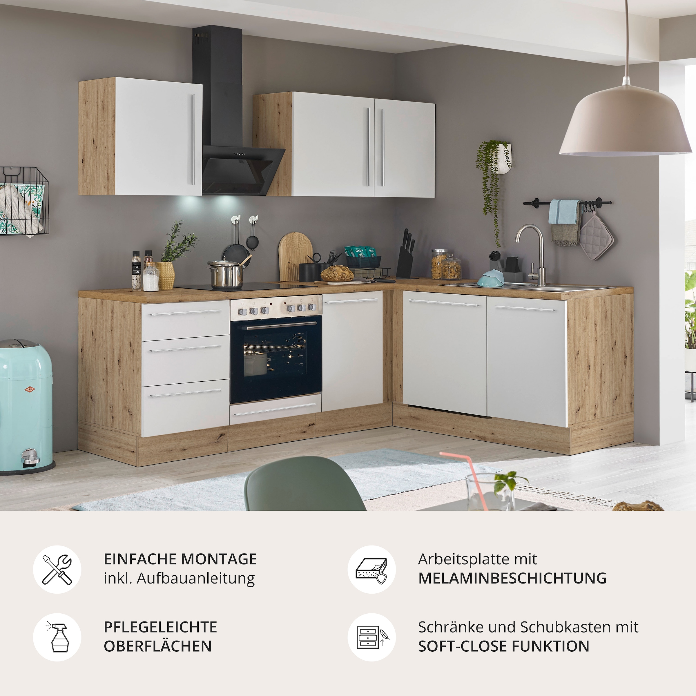 KOCHSTATION Winkelküche »Florida, Stellbreite 220x175 cm« wahlweise mit E-Geräten, mit Softclose für Türen und Schubkästen