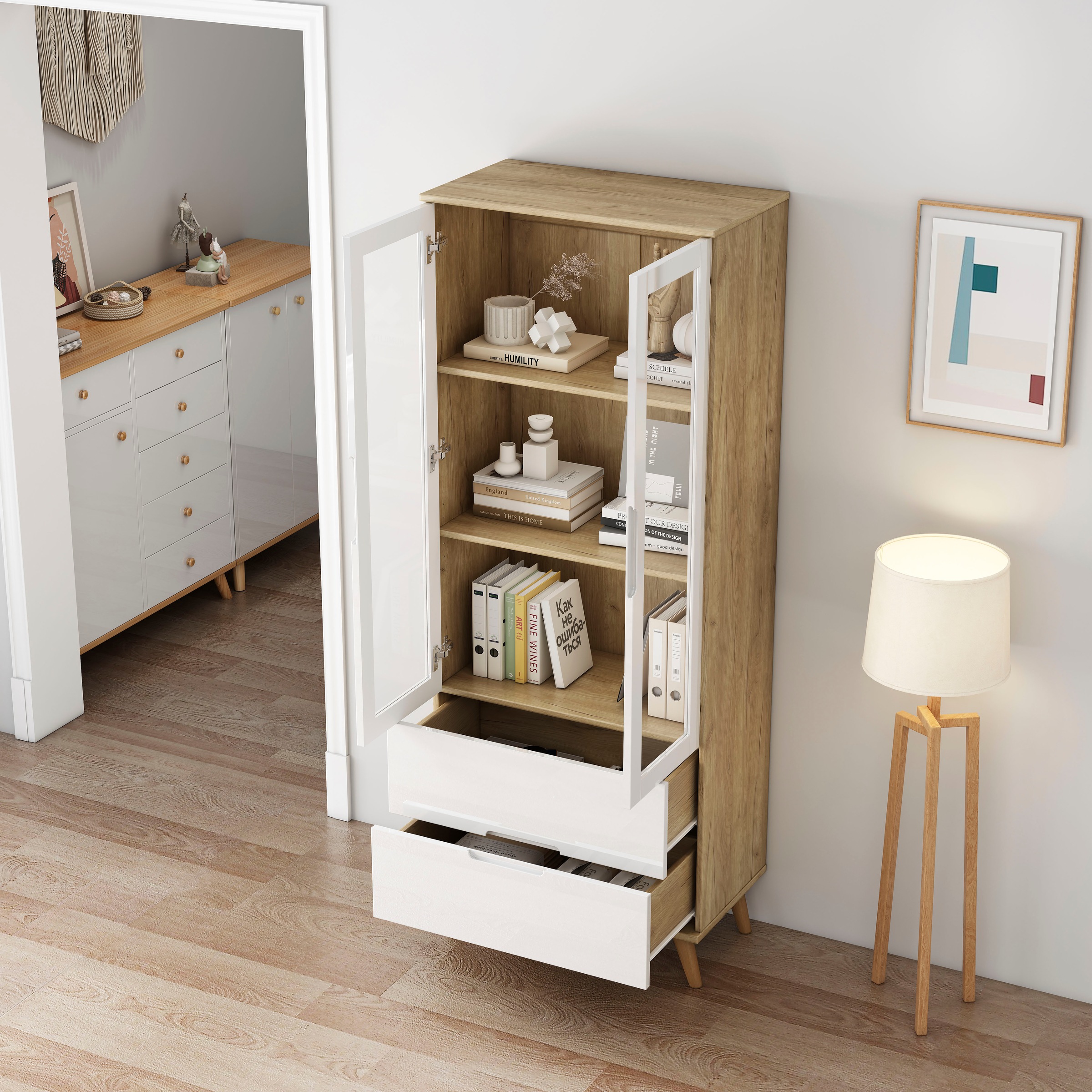 OTTO home Highboard »Lund« mit glänzenden Fronten, Glastüren, helles Holzdekor, Breite 70 cm