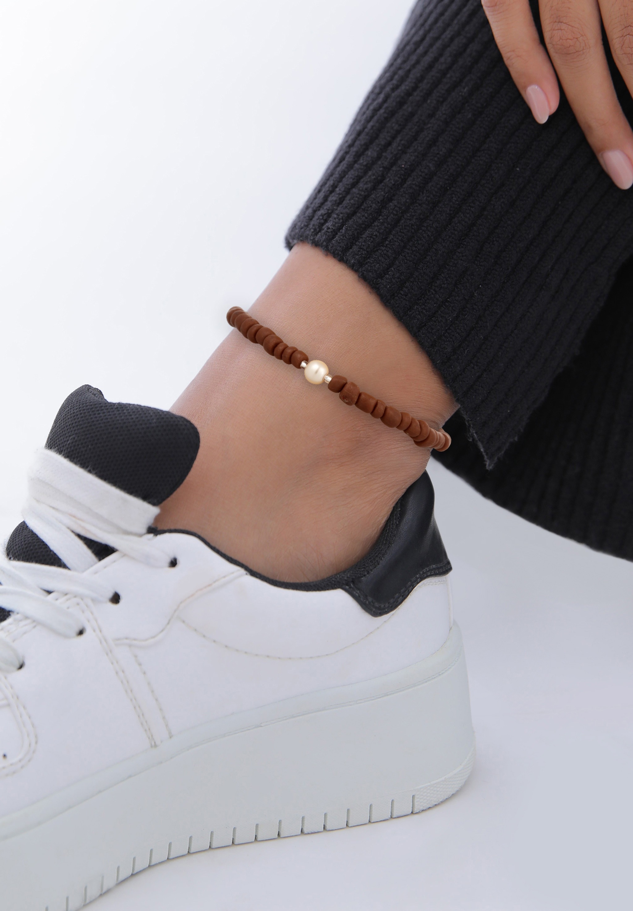 Elli Fußkette »Fußschmuck Glas Perlen Braun Synthetische Perle Weiß 925 Sterling Silber«