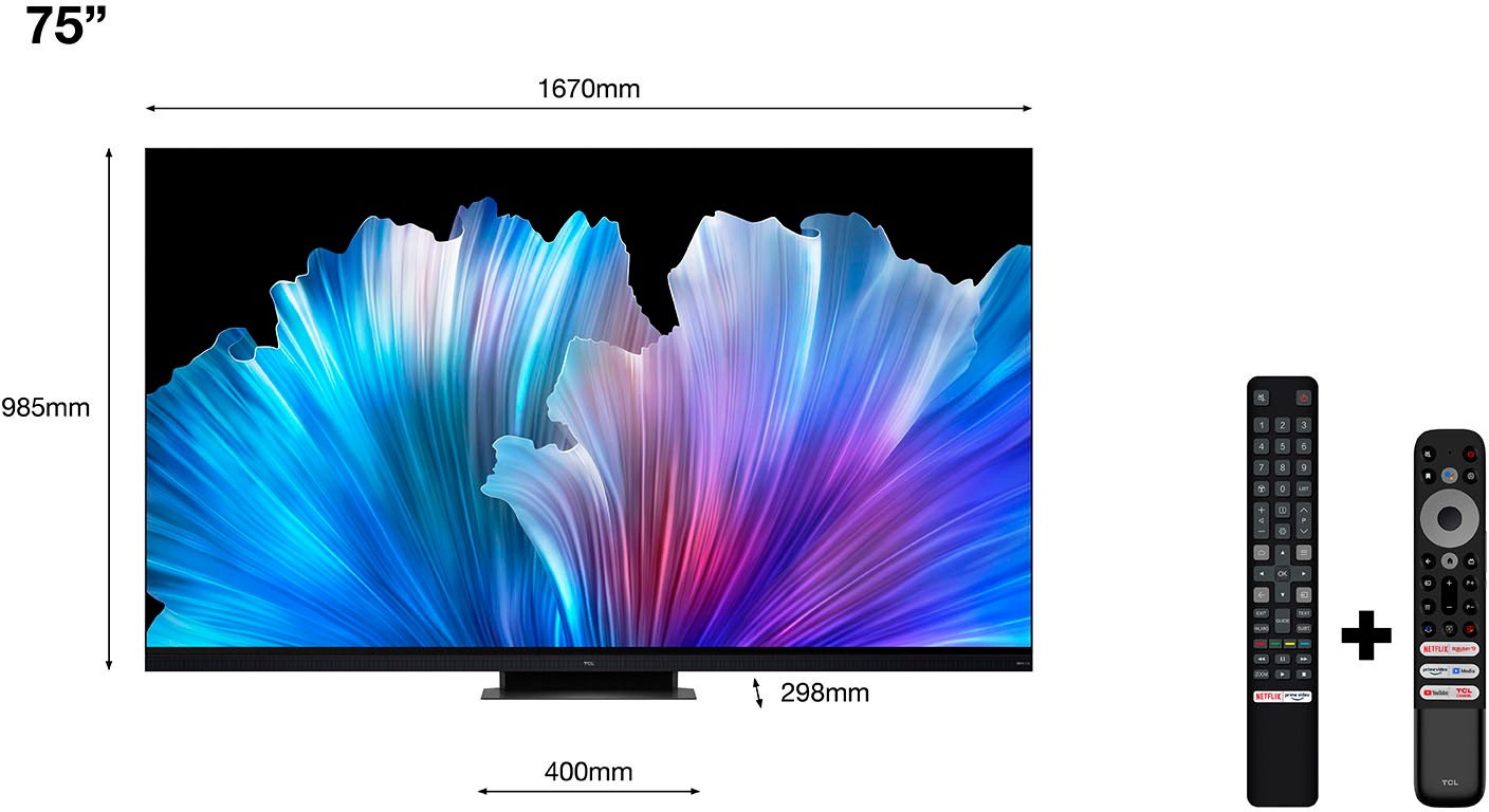 TCL QLED Mini LED-Fernseher »75C935X2«, 4K Ultra HD, Google TV-Smart-TV, 2500nits, HDR Extreme, Dolby Atmos, HDMI 2.1, ONKYO-Soundbar