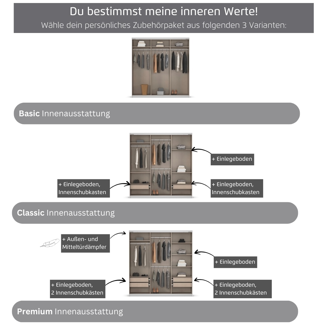 rauch Kleiderschrank »Schwebetürenschrank OTTO´s Choice Garderobe Schrank TOP ANGEBOT Avola« in 3 verschiedenen Ausstattungen BASIC/CLASSIC/PREMIUM inkl. Spiegel,  mit eleganten Zierleisten in Chrom, Schwarz oder Weiß MADE IN GERMANY