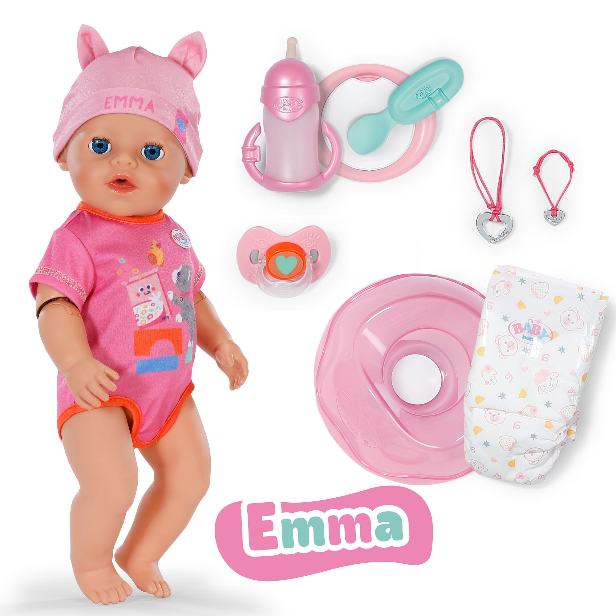 Baby Born Babypuppe »Emma Click & Play 43cm« mit Click-&-Play: Hält Fläschchen und Löffel selbst - ohne Batterien