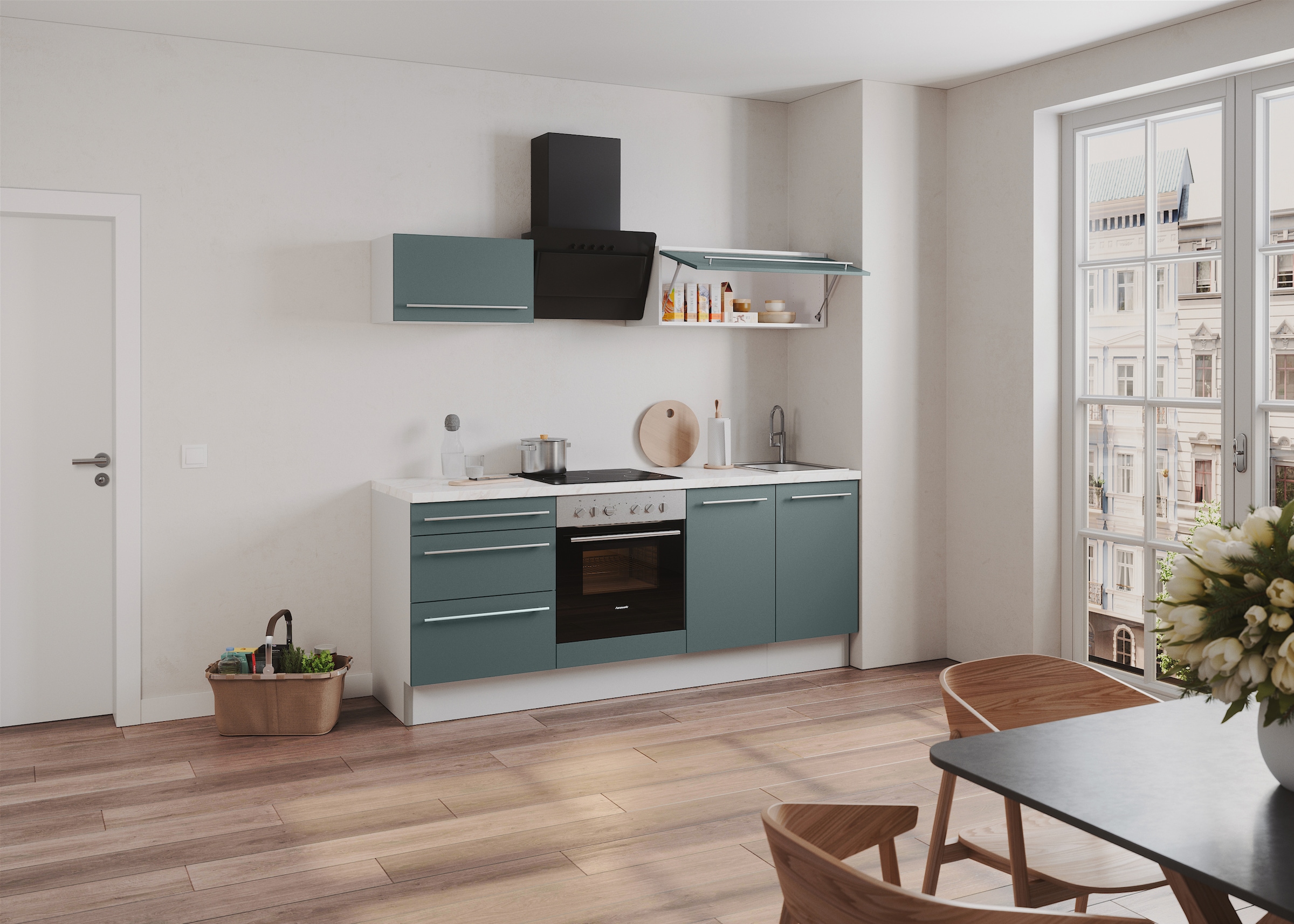 KOCHSTATION Küche »KS-Bern2« Breite 210 cm, wahlweise mit E-Geräten, mit Klapphängeschränken