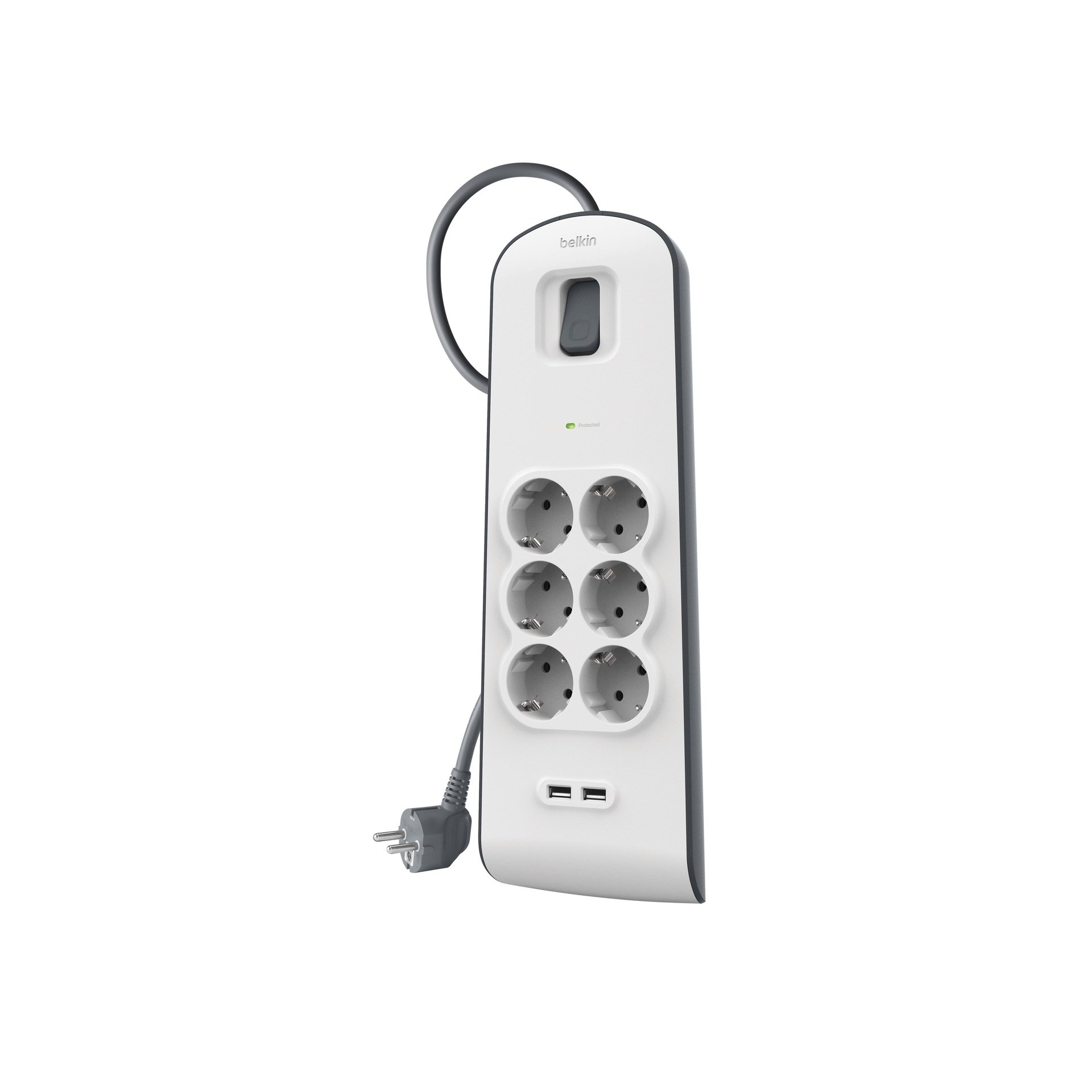 Belkin Steckdosenleiste »6fach-Steckdosenleiste mit Überspannungsschutz, 2-m-Kabel und USB-A«, 6-fach, (Ein- / Ausschalter Überspannungsschutz Kabellänge 2 m), 2 USB-Anschlüsse mit maximal 2,4 A