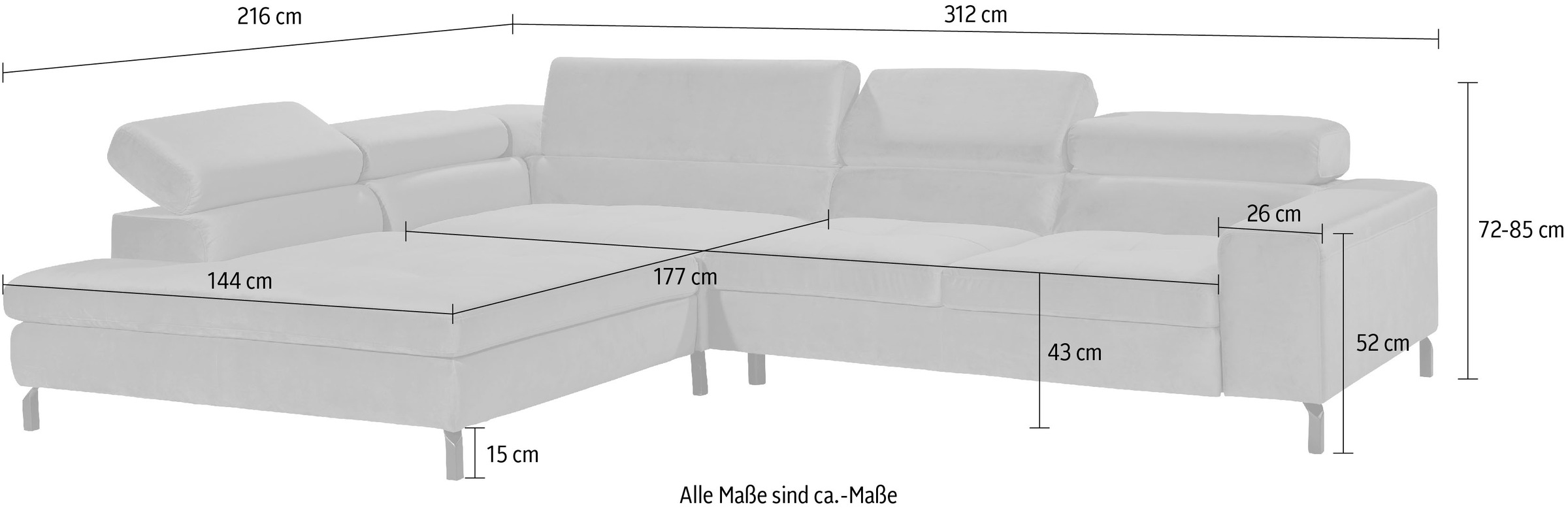 GALLERY M branded by Musterring Ecksofa »Felicia Due L-Form«, Wahlweise mit Sitzvorzug, inkl. Kopfteilverstellung, Sitzhöhe 43 cm