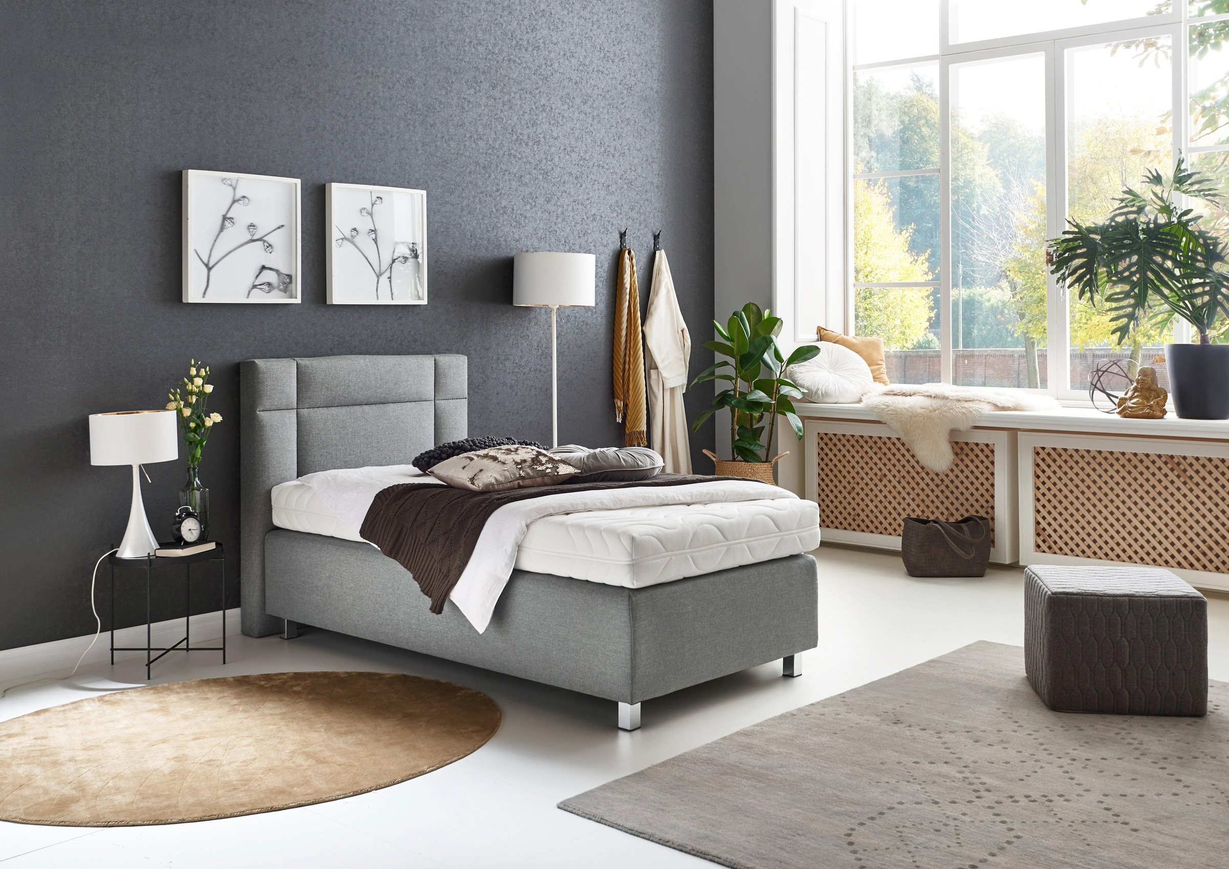 Westfalia Schlafkomfort, Boxspringbett in diversen Ausführungen, Feinstrukturstoff grau, Bezug Unterbox und Kopfteil: Feinstrukturstoff (77% Polyester