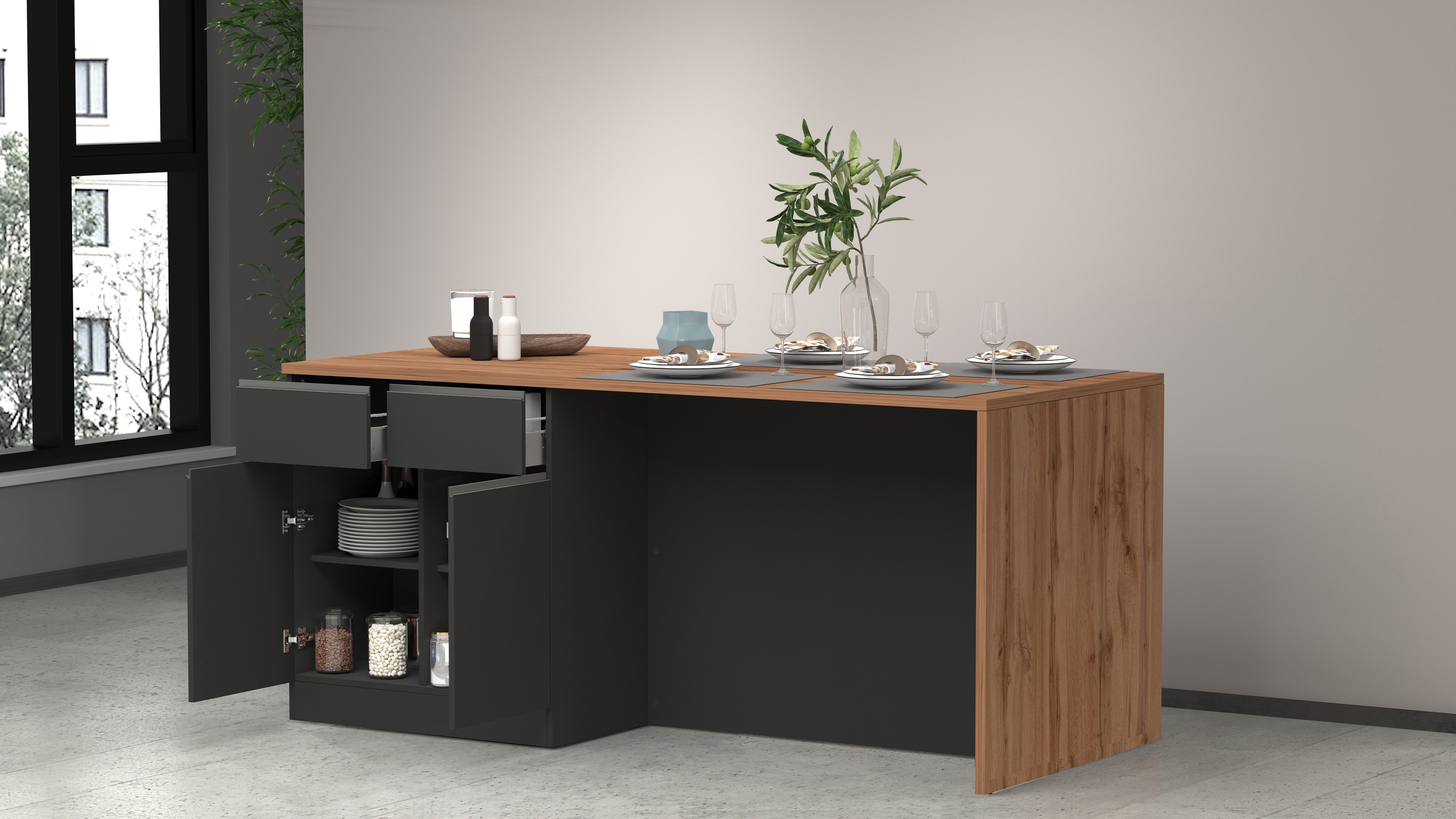 KOCHSTATION Kücheninsel »Sole,Kochinsel,Küchenarbeitsblock,Inselküche,Arbeitsinsel«, Breite 200 cm mit 4 Türen,4 Schubkästen, Aluminiumgriff