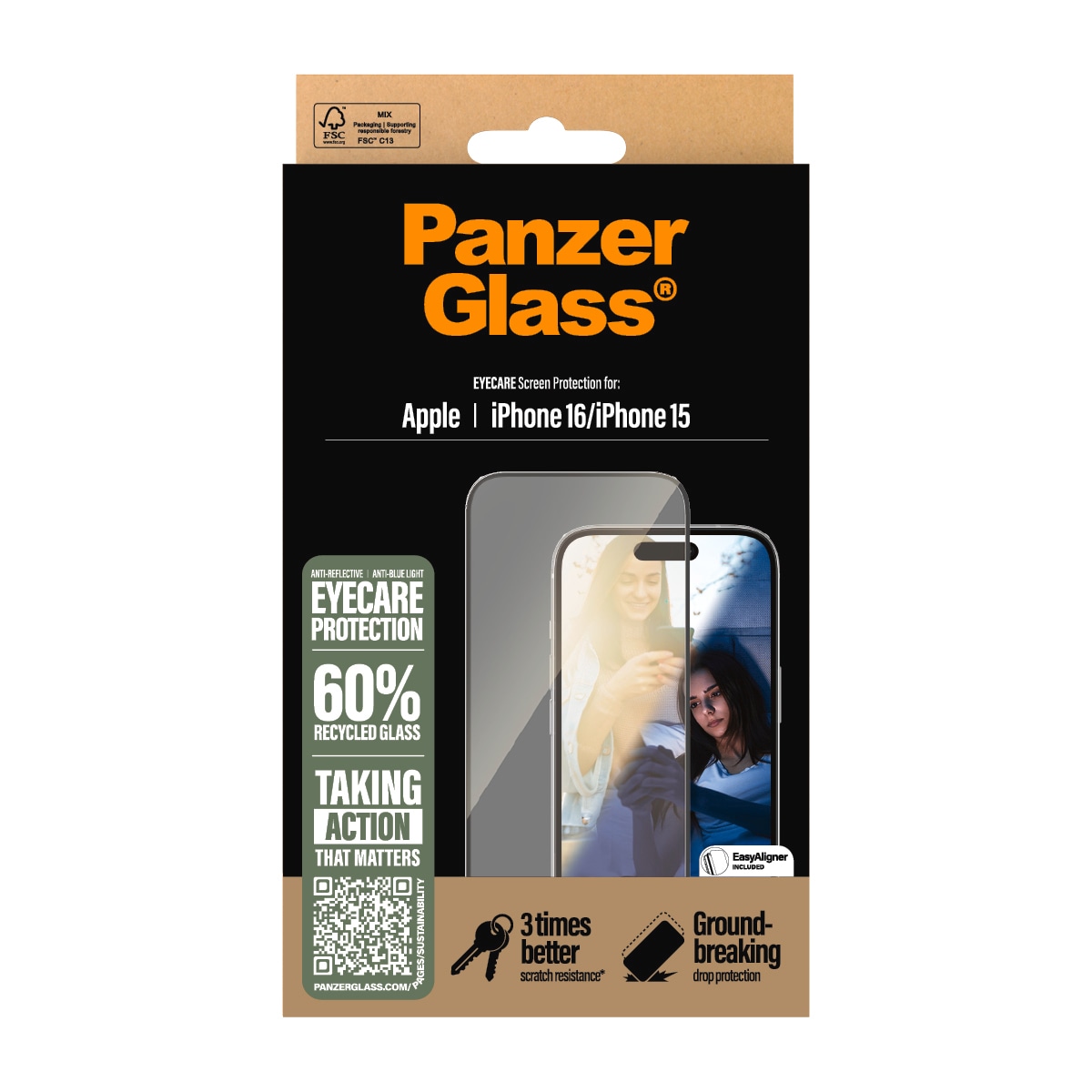 PanzerGlass Displayschutzglas »EyeCare Screen Protection«, für Apple iPhone 16-Apple iPhone 15, Displayschutzfolie, Schutzfolie, Bildschirmschutz, kratz- & stoßfest