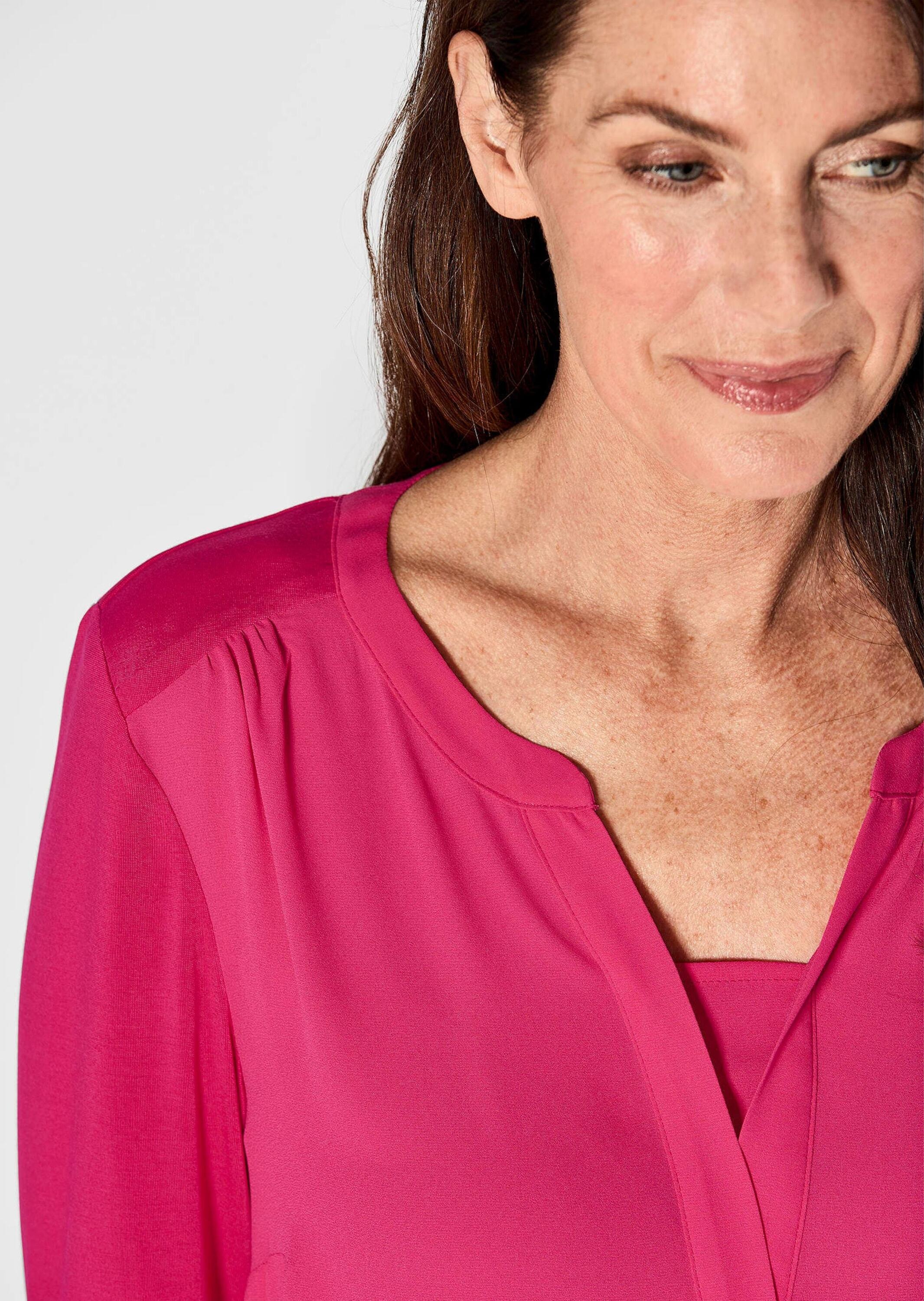 GOLDNER Kurzarmbluse »Kurzgröße Langarm Damen Unibluse mit Chiffoneinsatz und Rundhalsaussschnitt«