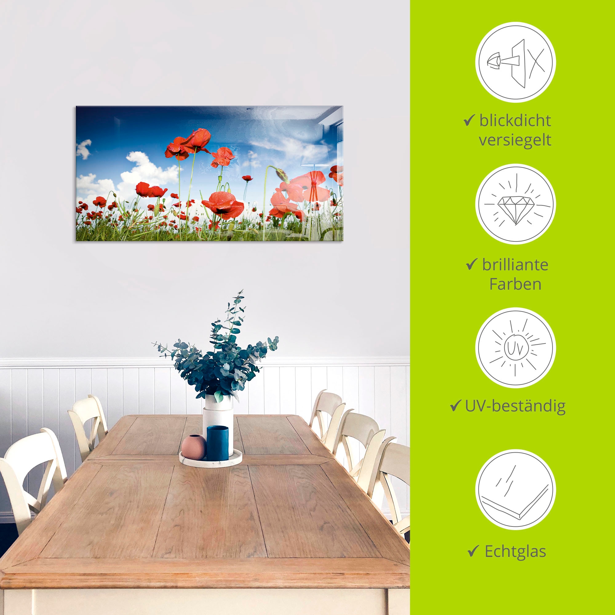 Artland Glasbild »Feld mit Mohnblumen unter Himmel« Blumenwiese 1 Stk. tlg. in verschiedenen Größen