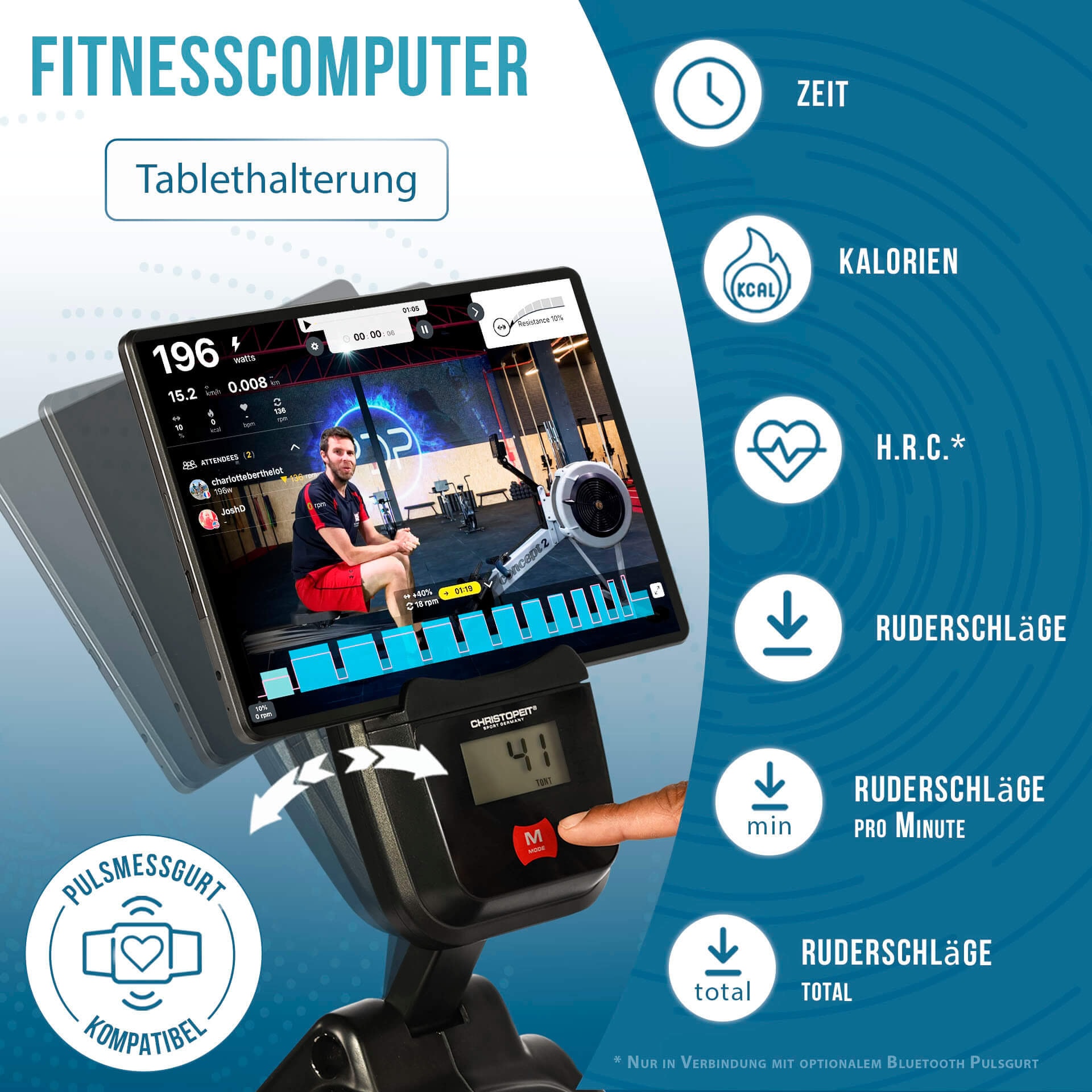 Christopeit Sport® Rudergerät »RW 1000«, (Bluetooth Verbindung für optionalen BT-Pulsgurt; Bluetooth Verbindung), Rudermaschine, 8 Widerstandsstufen