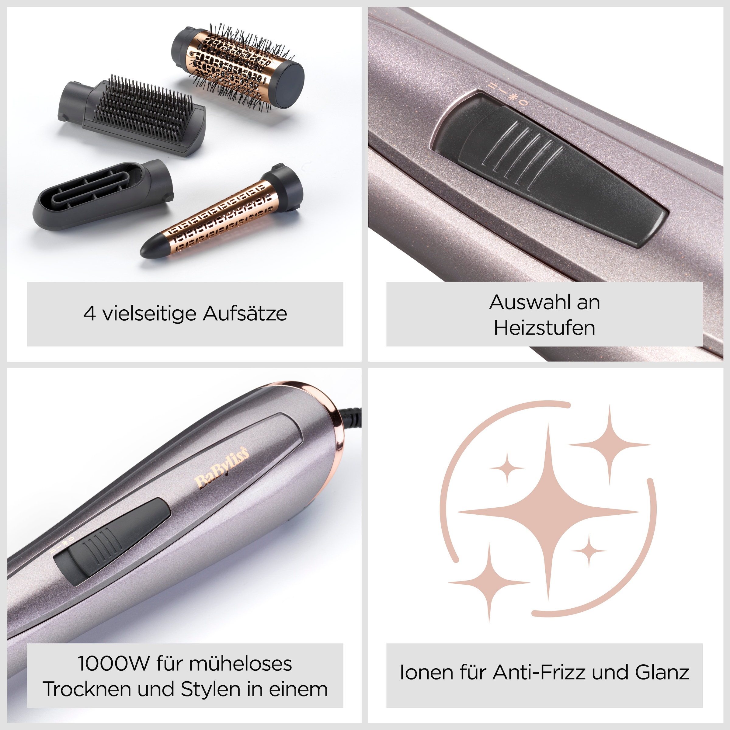 BaByliss Warmluftbürste »Air Style 1000 Warmluftbürste mit 4 Aufsätzen, 1000W, AS136E« 4 Aufsätze 4-in-1 Styler zum Föhnen, Glätten, Locken und für Volumen, Ionen