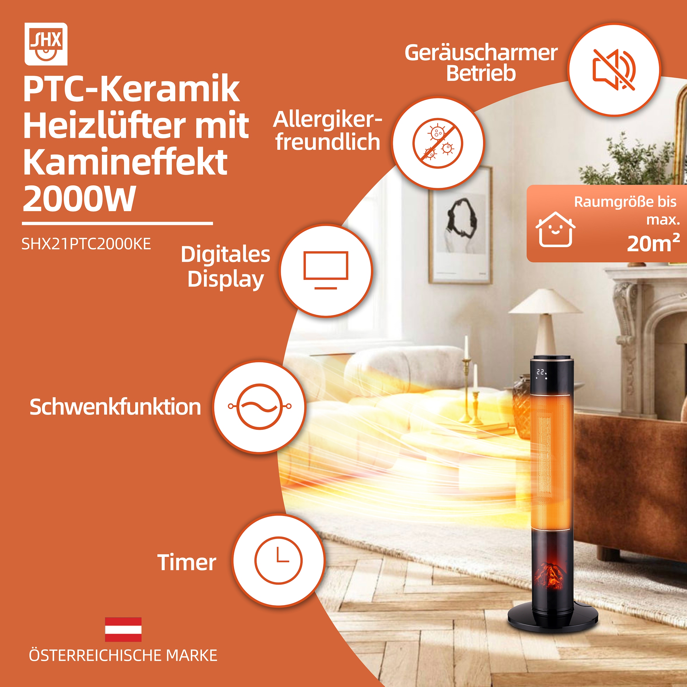 SHX Heizlüfter »SHX21PTC2000KE«, 2000 W, PTC-Keramik, Kamineffekt, 2000W