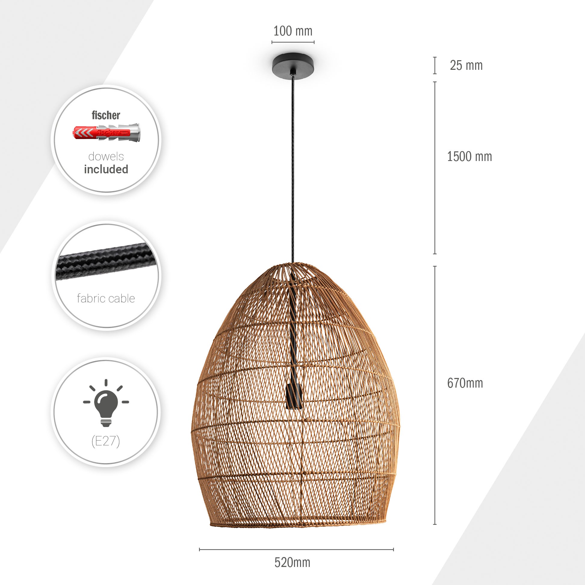 Paco Home Pendelleuchte »VIHMA«, Leuchtmittel E27 | ohne Leuchtmittel, Rattan Pendelleuchte Esstischlampe Natürlich LED Boho Rustikal E27