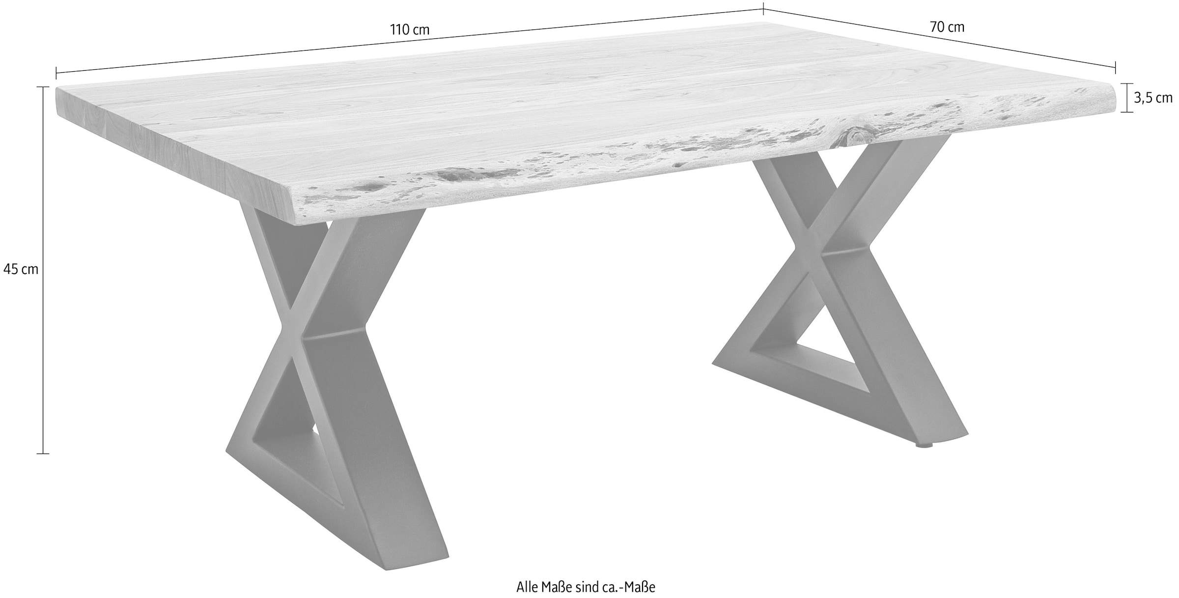 MCA furniture Baumkantentisch, Couchtisch Massivholz mit Baumkante, Rissen und löchern