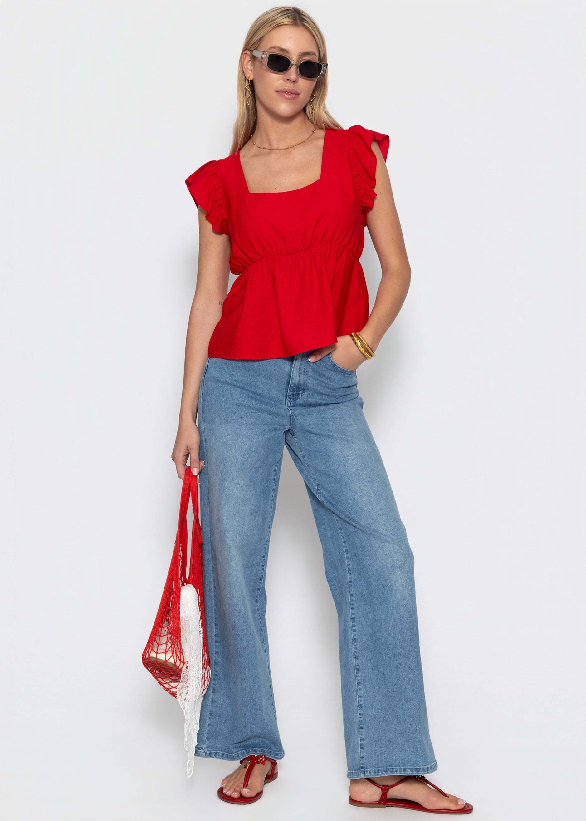 SASSYCLASSY T-Shirt »Blusentop mit Rüschenärmeln« Feminines Top mit eckigem Ausschnitt und elastischer Tailennaht Rot