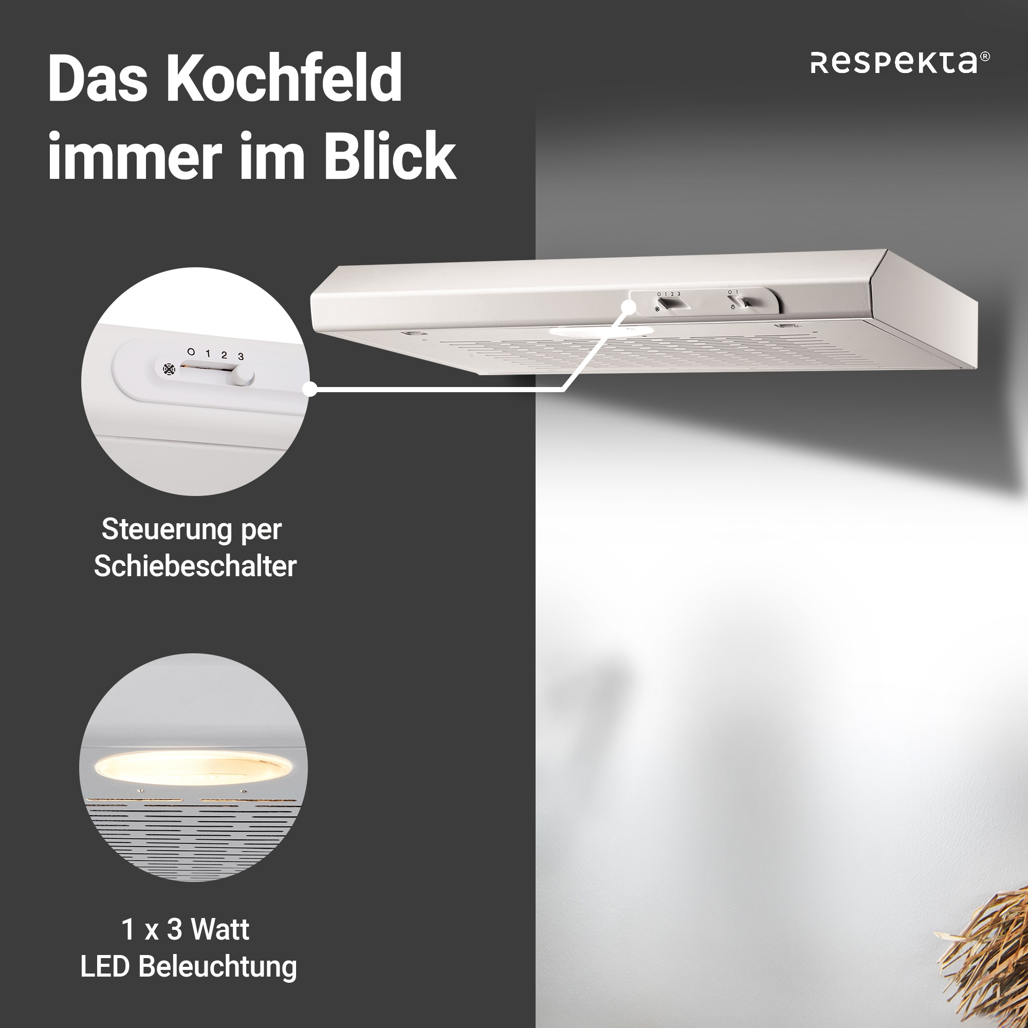 RESPEKTA Unterbauhaube »DH 620«, 60 cm, 3 Leistungsstufen, LED-Beleuchtung, Ab- und Umluftfähig