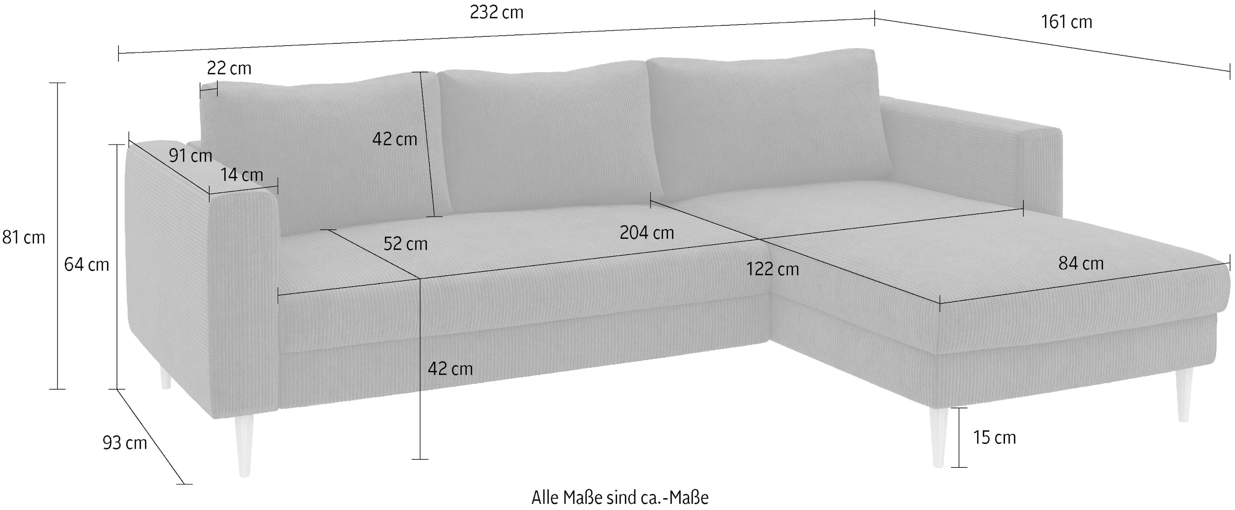 TRENDMANUFAKTUR Ecksofa »Amazing, wahlw. mit Schlaffunktion & Bettkasten, Fuß Buche lackiert« Recamiere beidseitig montierbar, Sofa in L-Form, 232 cm