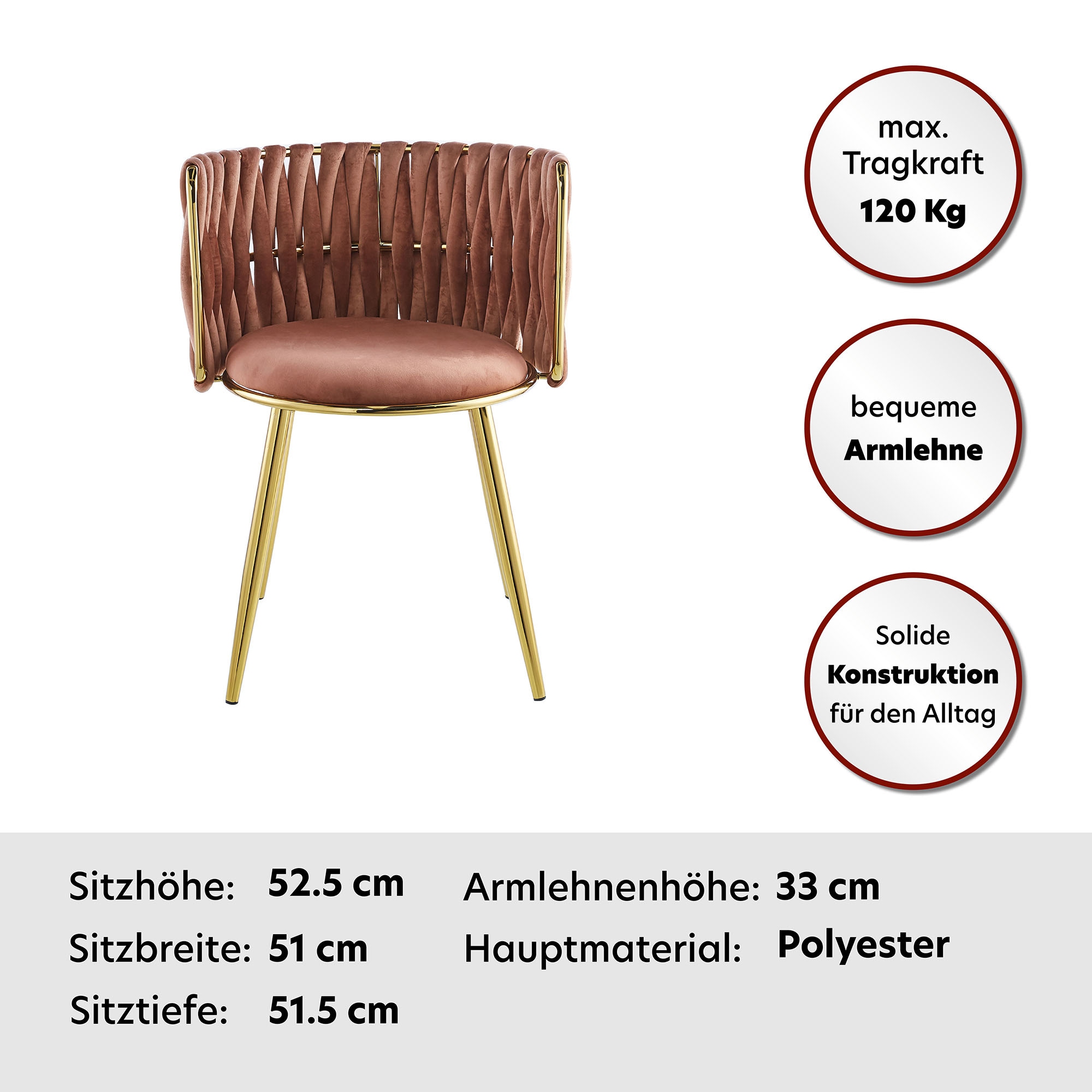 Kayoom Polsterstuhl »Stuhl Melly 125 2er-Set,tolles Design der Rückenlehne, runde Sitzfläch«, (Set), 2 St., ausgefallen geflochtene Rückenlehne, Samtbezug, goldene Beine