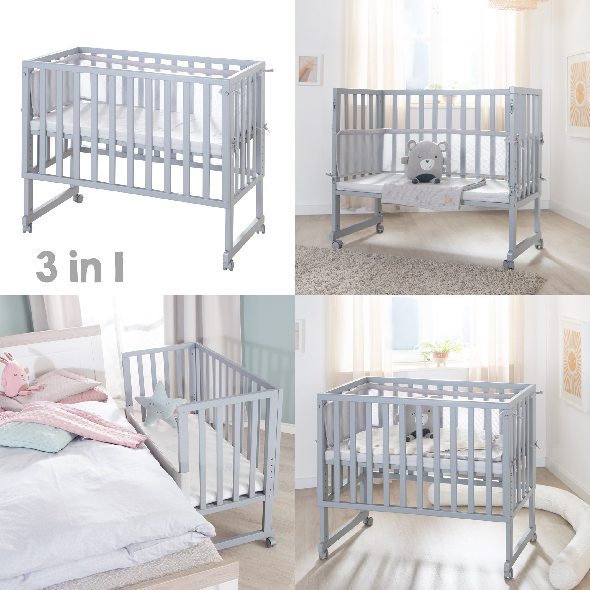 roba® Stubenbett »3in1 roba Style, taupe/silbergrau«, mit 4 Rollen, Matratze, Nestchen und Sicherheitsbarriere