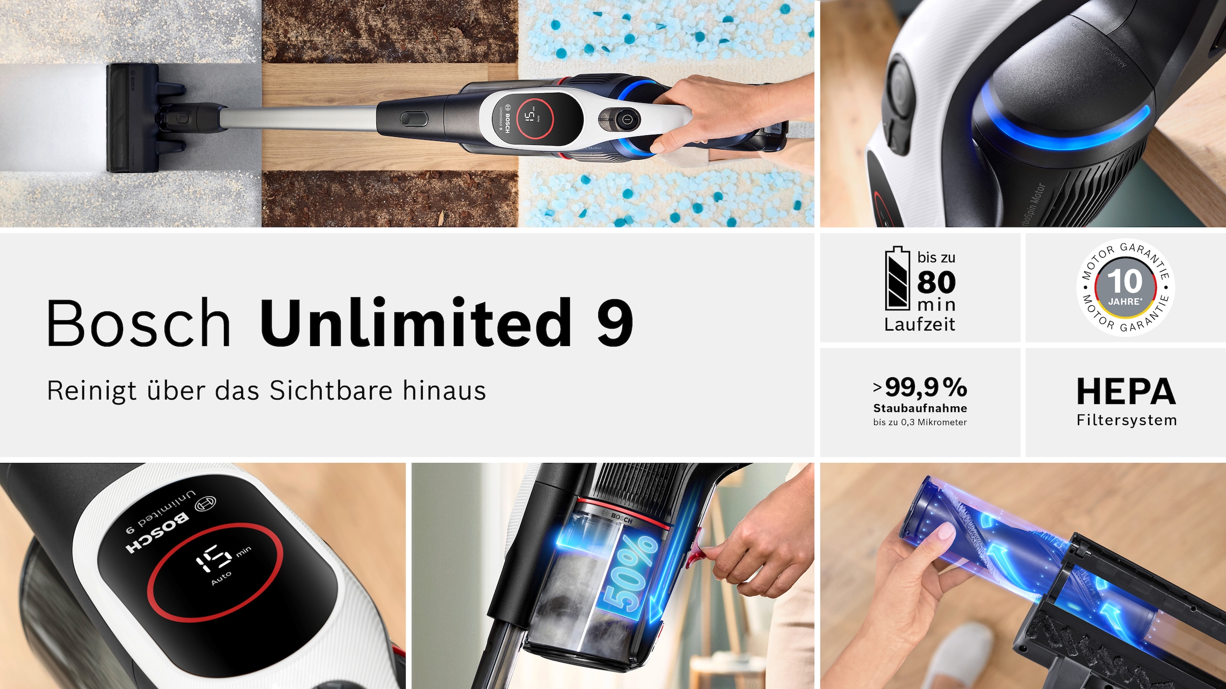 BOSCH Akku-Stielstaubsauger »Unlimited 9 BTS942WQC, MicroClean™ Technology, 10 Jahre Motorgarantie« LED-Licht, HEPA-Filtersystem, Schnellladegerät, 2 Akkus, weiß